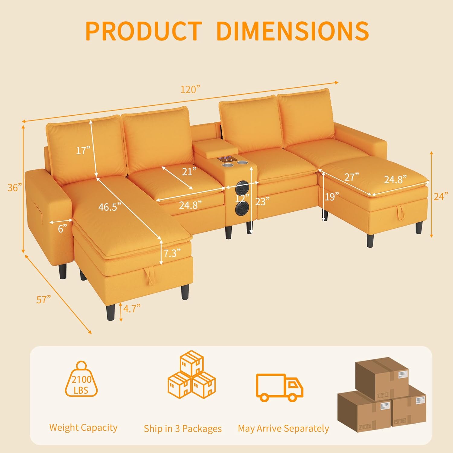 HYZQ Sectional Couches for Living Room, 4 Seat Sectional Sofa with Smart Module-Bluetooth Speaker/RGB Light/Charging Station, Teddy Fleece U Shaped Cloud Couch with Storage Ottoman (Yellow)