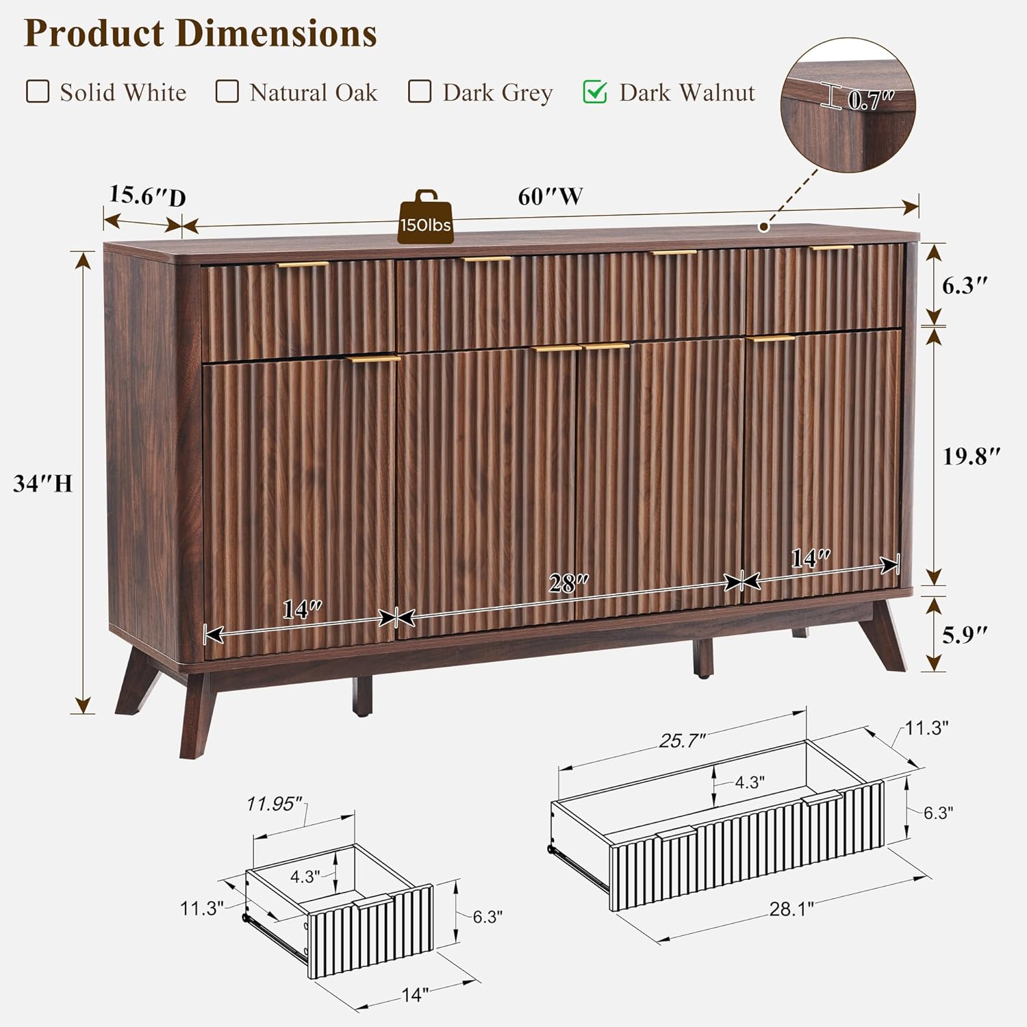 T4TREAM Fluted Buffet Sideboard Cabinet with Storages, 60" Large Modern Buffet Table Coffee Bar Wine Bar Storage Cabinet with 3 Drawers & 4 Doors for Dining Room, Living Room, Hallway(Dark Walnut)