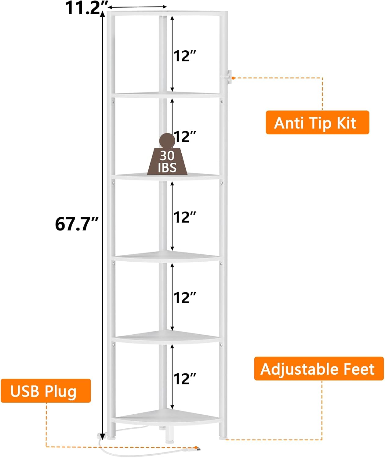 Furnulem 6 Tier Corner Shelf with LED Light, 67.5u201D Tall Standing Shelf Organizer, White Narrow Bookshelf with Storage Rack for Wall Corner, Living Room, Bedroom, Metal Frame, Wood Display Shelf