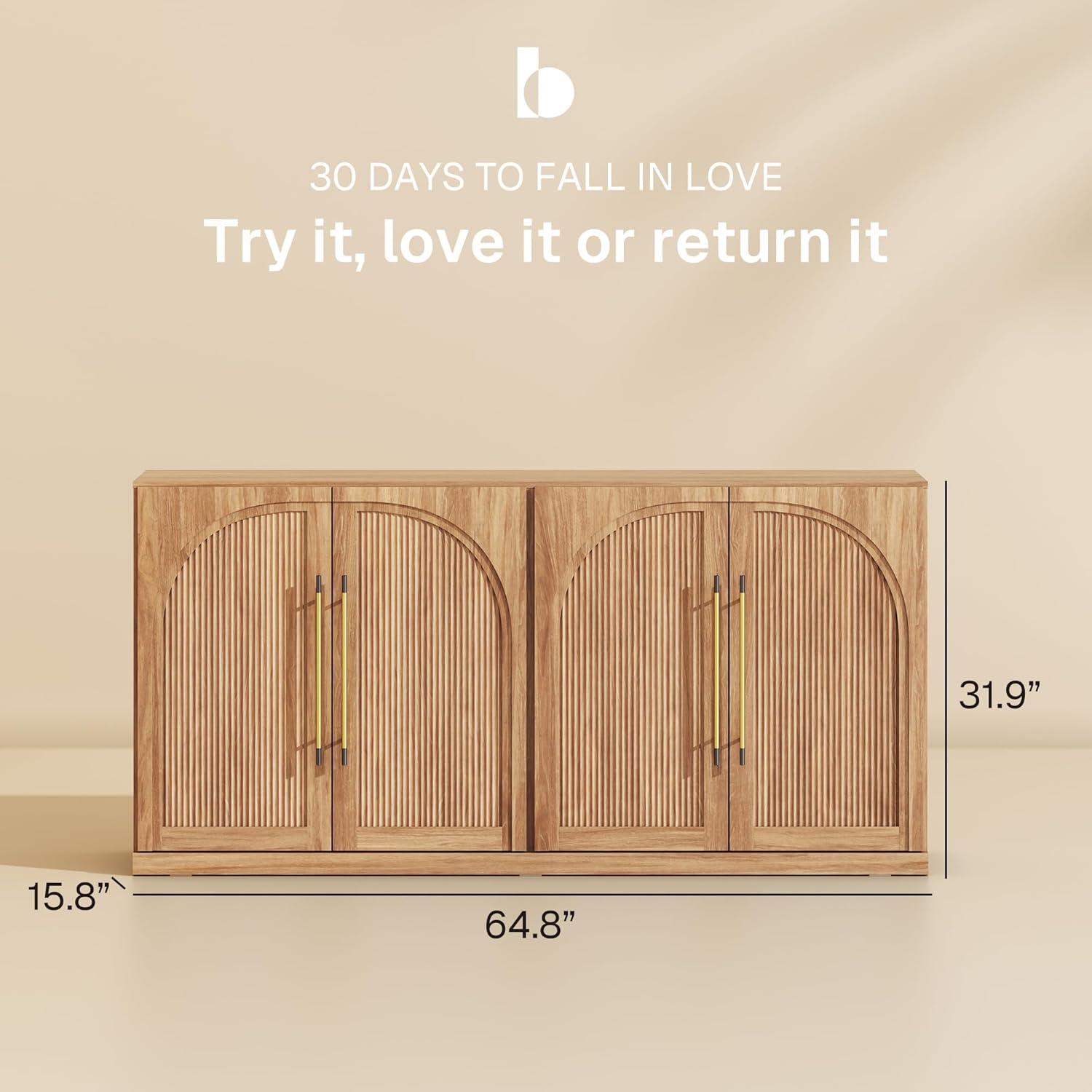 BELLEZE 65 Inch Sideboard Cabinet with Double-Arc Wood Doors, Large Buffet Cabinet with Storage and Adjustable Shelves, Classic Modern Console Table for Dining Room Living Room Entryway (Camel)