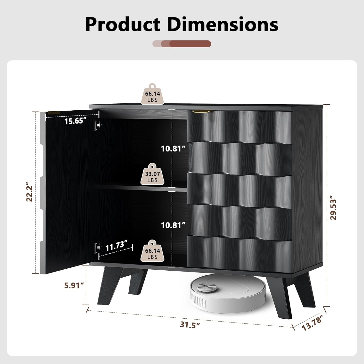 QEIUZON Buffet Cabinet, Fluted Sideboard Storage Cabinet with Adjustable Shelf and Door Handles, Modern Console Table Credenza for Living Room, Bedroom, Kitchen (Black)