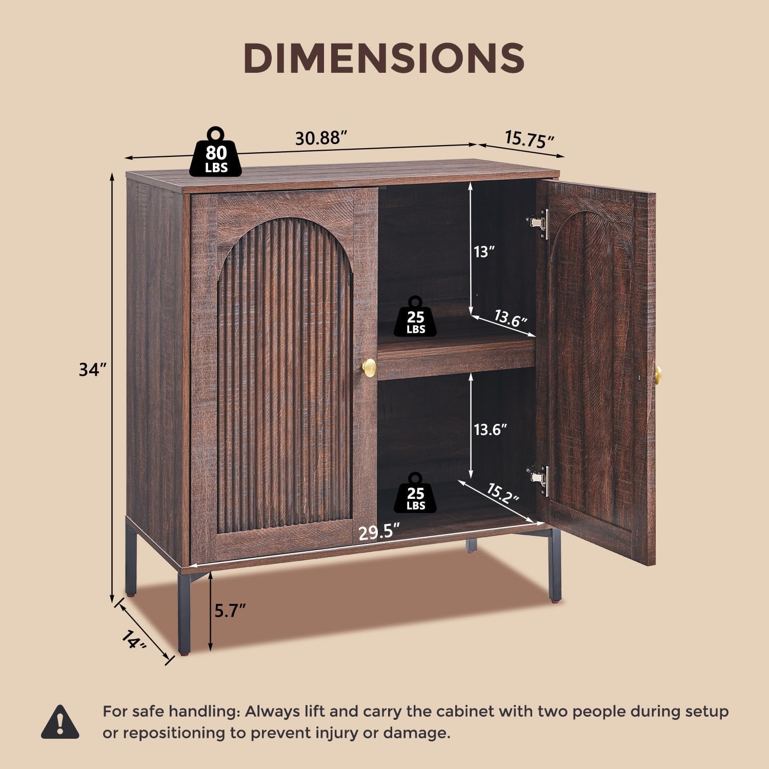 IFGET Modern Buffet Cabinet with Storage, 34" Tall Fluted Arched Sideboard Cabinet w/Adjustable Shelves, Wooden Modular Coffee Bar for Dining Room, Kitchen, Living Room, Entryway, Brown