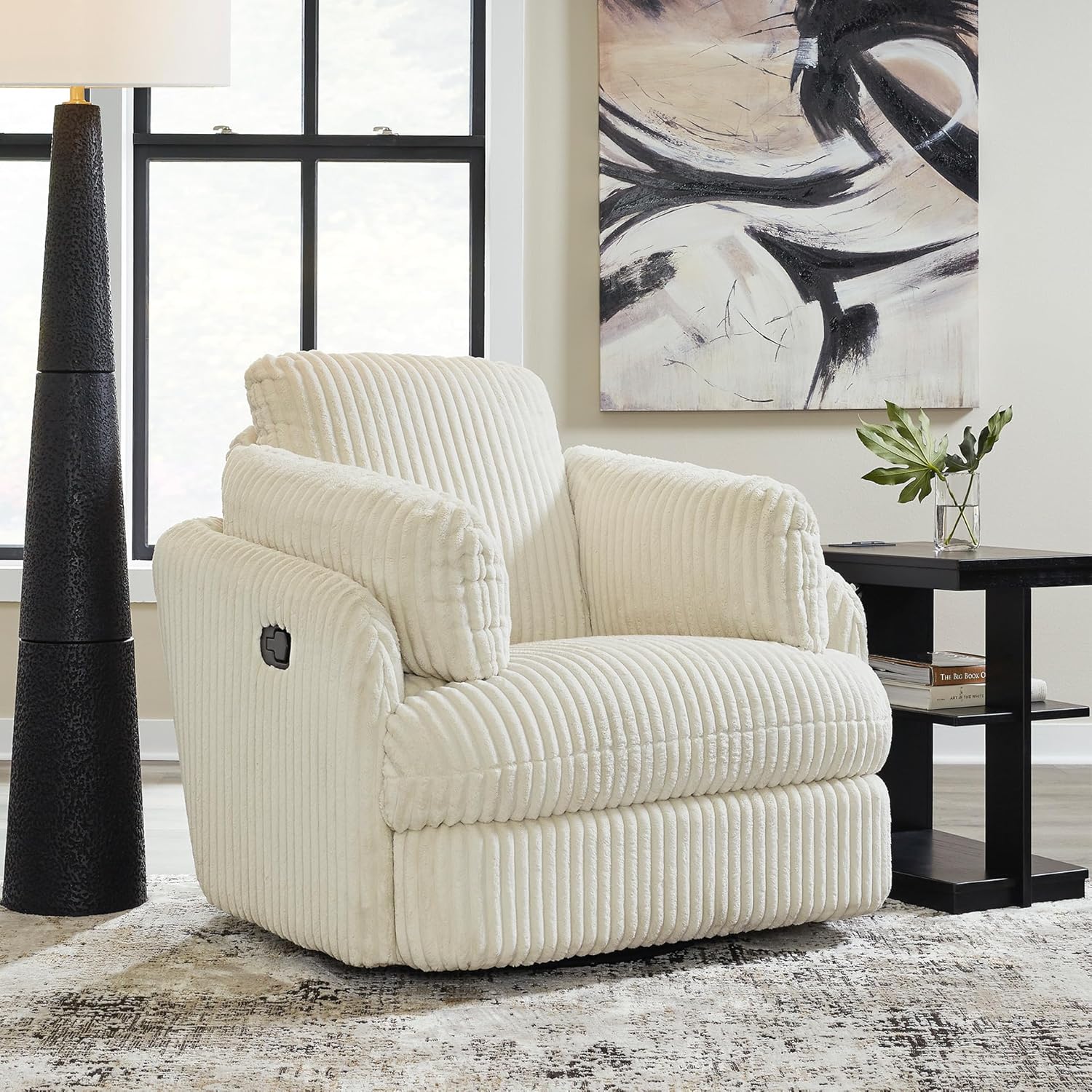 Signature Design by Ashley Tie-Breaker Cozy Contemporary Manual Press-Back Swivel Glider Rocker Recliner with 2 Bolster Pillows and Hidden Storage, White