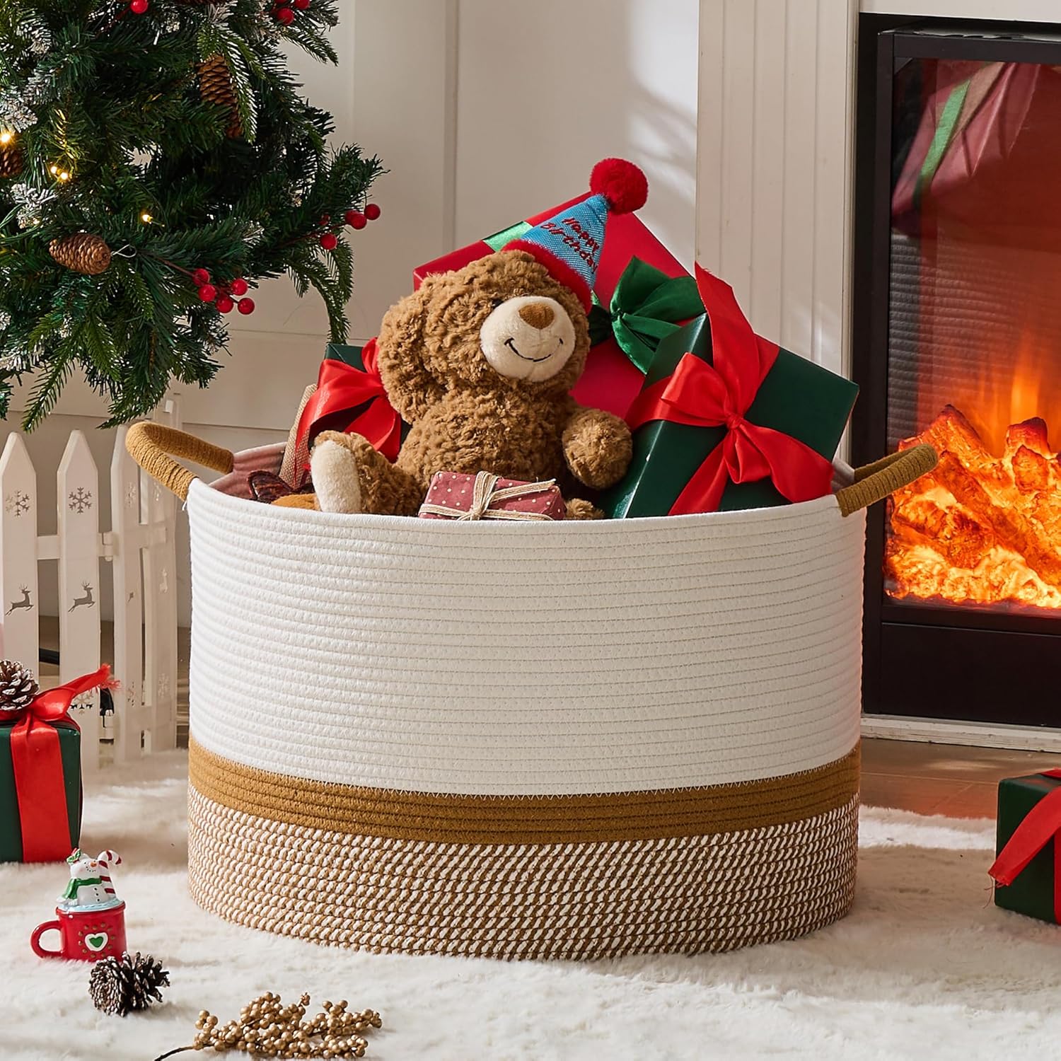 KAKAMAY Large Blanket Basket (20"x13"),Woven Baskets for storage Baby Laundry Hamper, Cotton Rope Blanket Basket for Living Room, Laundry, Nursery, Pillows, Baby Toy chest (White/Brown)