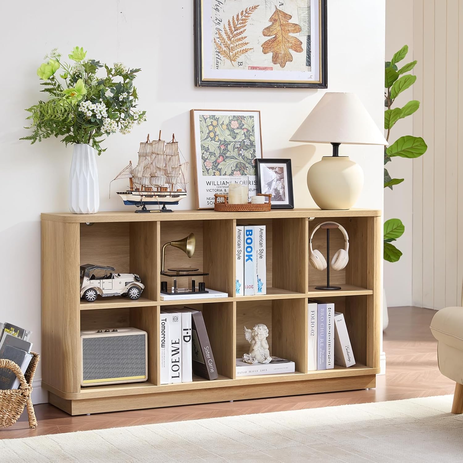 Joaxswe 8 Cube Storage Book Shelf, 52" Long Horizontal Bookshelf with Curved Edge, Floor Standing Wooden Cubby Bookcase with Base, Modern Low Console Book Case, TV Stand for Living Room, Natural Oak