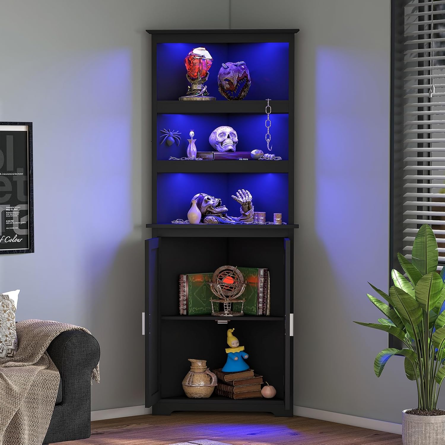 TEENFON Tall Corner Cabinet with LED Lights, Gothic Style Corner Storage Cabinets with Doors, 5-Tier Bathroom Cabinet, Living Room, Dining Room, Black