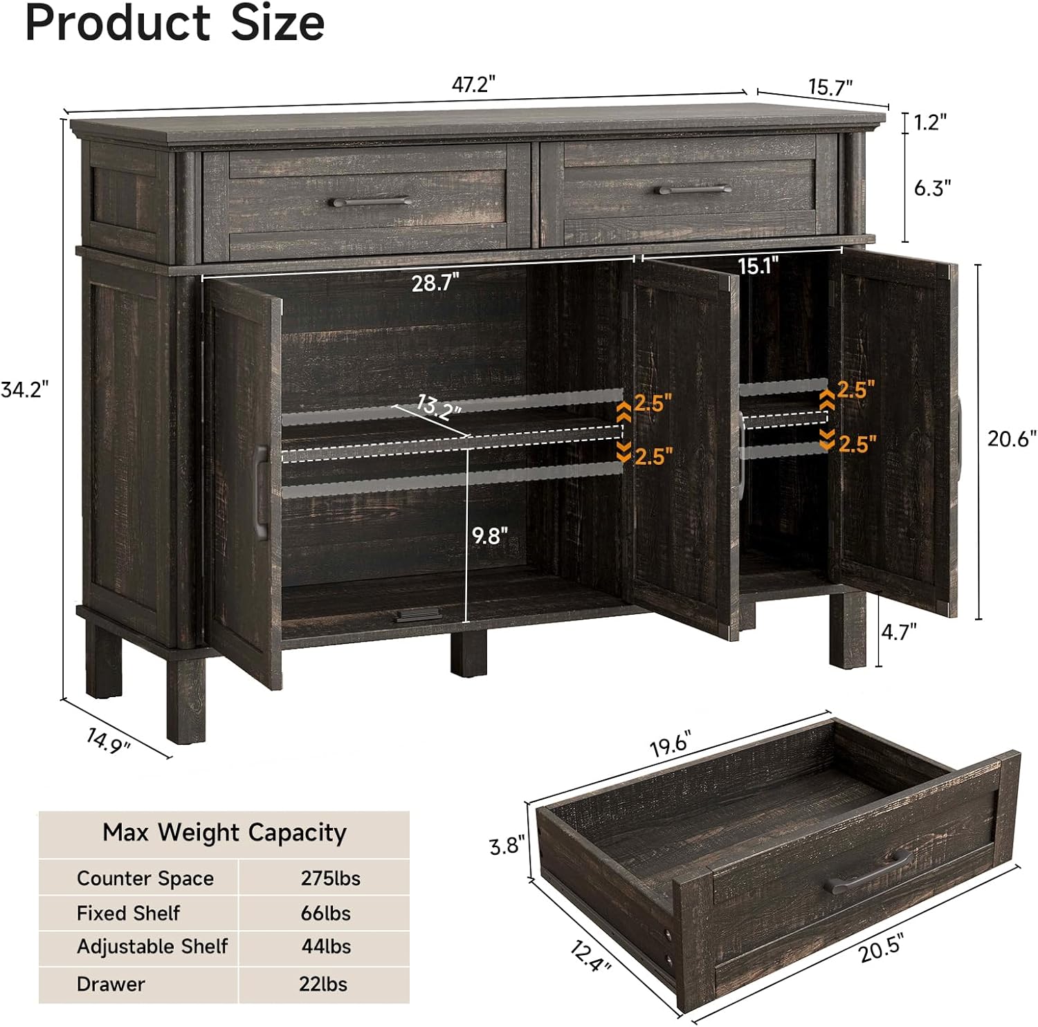 48 Inches Buffet Cabinet with Storage, Farmhouse Sideboard Buffet w/2 Drawers and 3 Doors, Wood Coffee Bar Cabinet with Adjustable Shelves, Sideboard Storage for Kitchen, Living Room, Rustic Brown