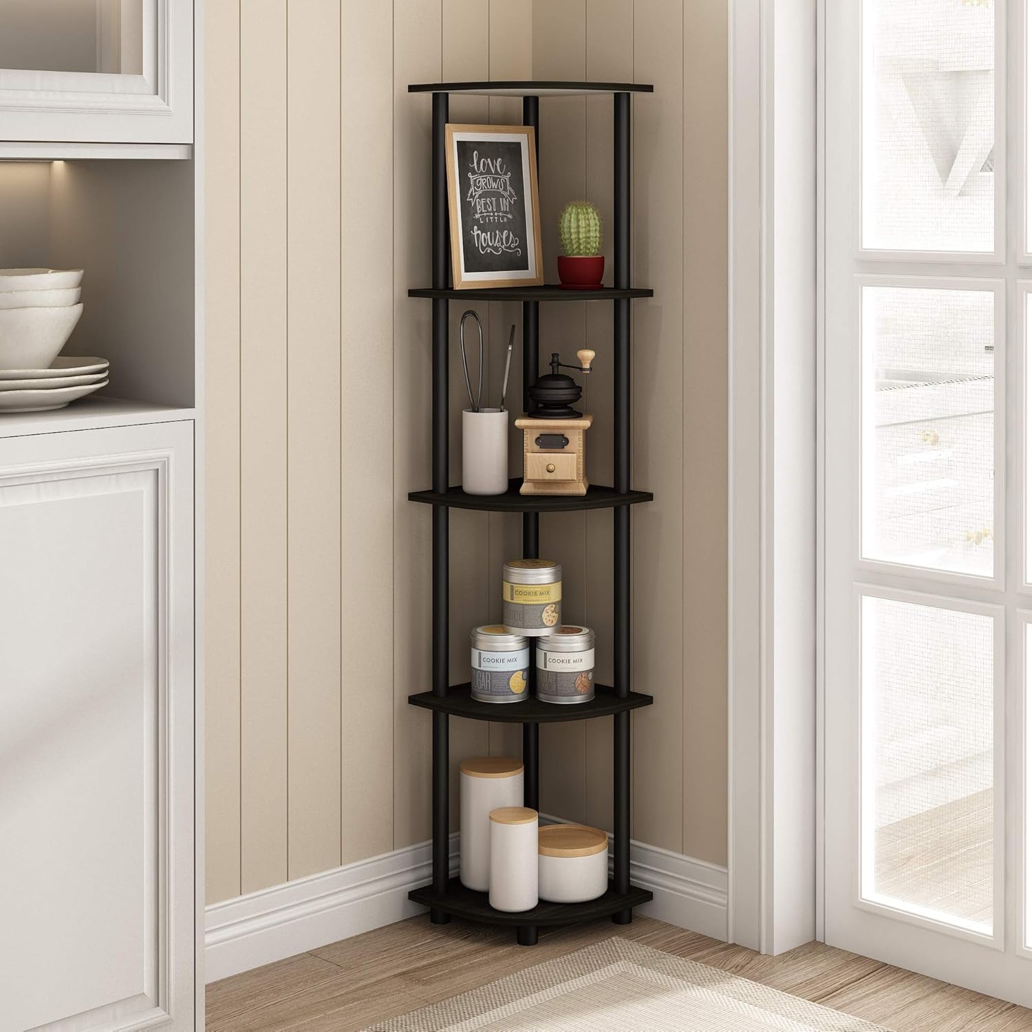 Furinno TURN-N-TUBE Corner Shelf, 5-Tier Corner Bookshelf, Open Storage Shelves, for Organization and Storage, Living Room, Home Office, Garage, Bedroom, Espresso