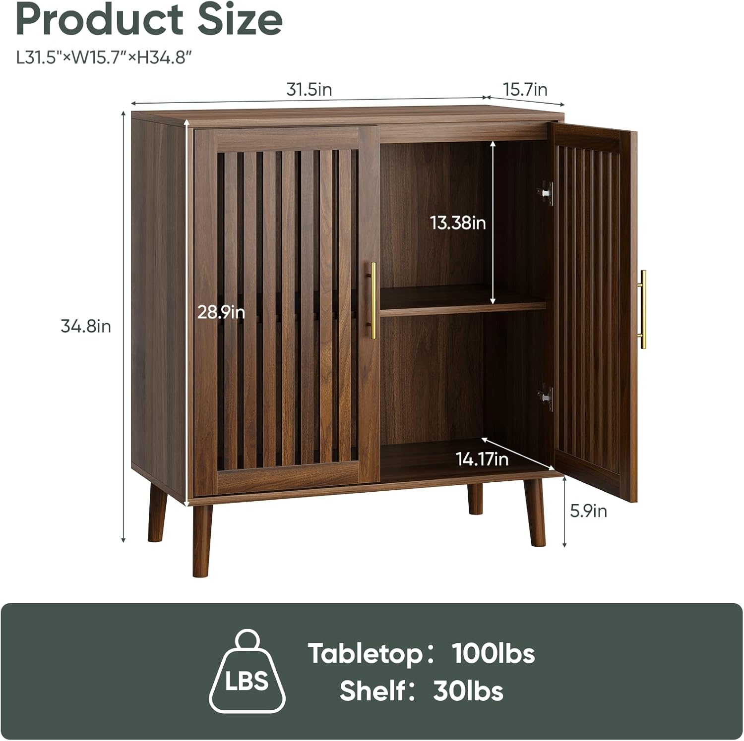 Smart FENDEE Sideboard Cabinet, 31.5" W Farmhouse Buffet Cabinet with Slatted Doors & Adjustable Shelf, Wood Coffee Bar Storage Station for Kitchen, Dining Room, Living Room, Entryway, Walnut Color