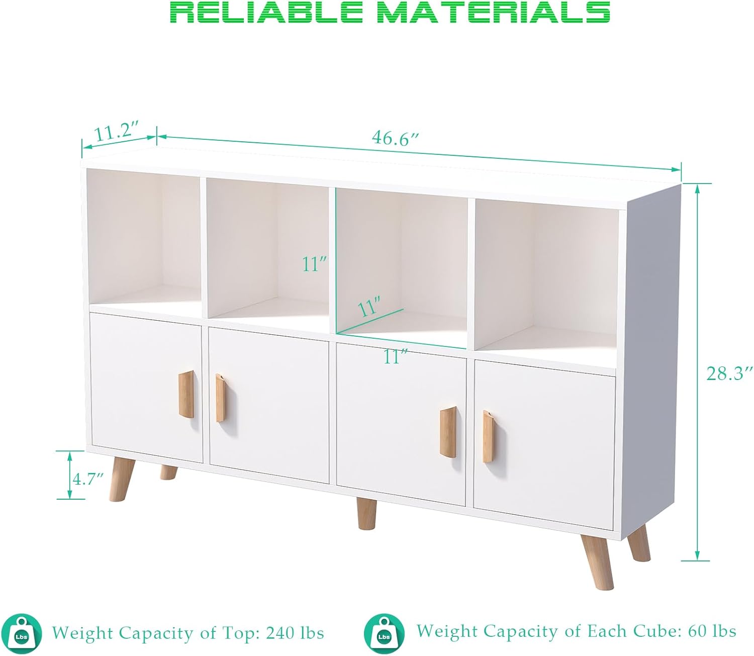 OSCHF Cubby Shelf Bookcase with Doors - Wooden 8 Cube Floor Standing Open Bookshelf with Solid Wood Legs, 2-Tier Low Storage Cabinet, Warm White