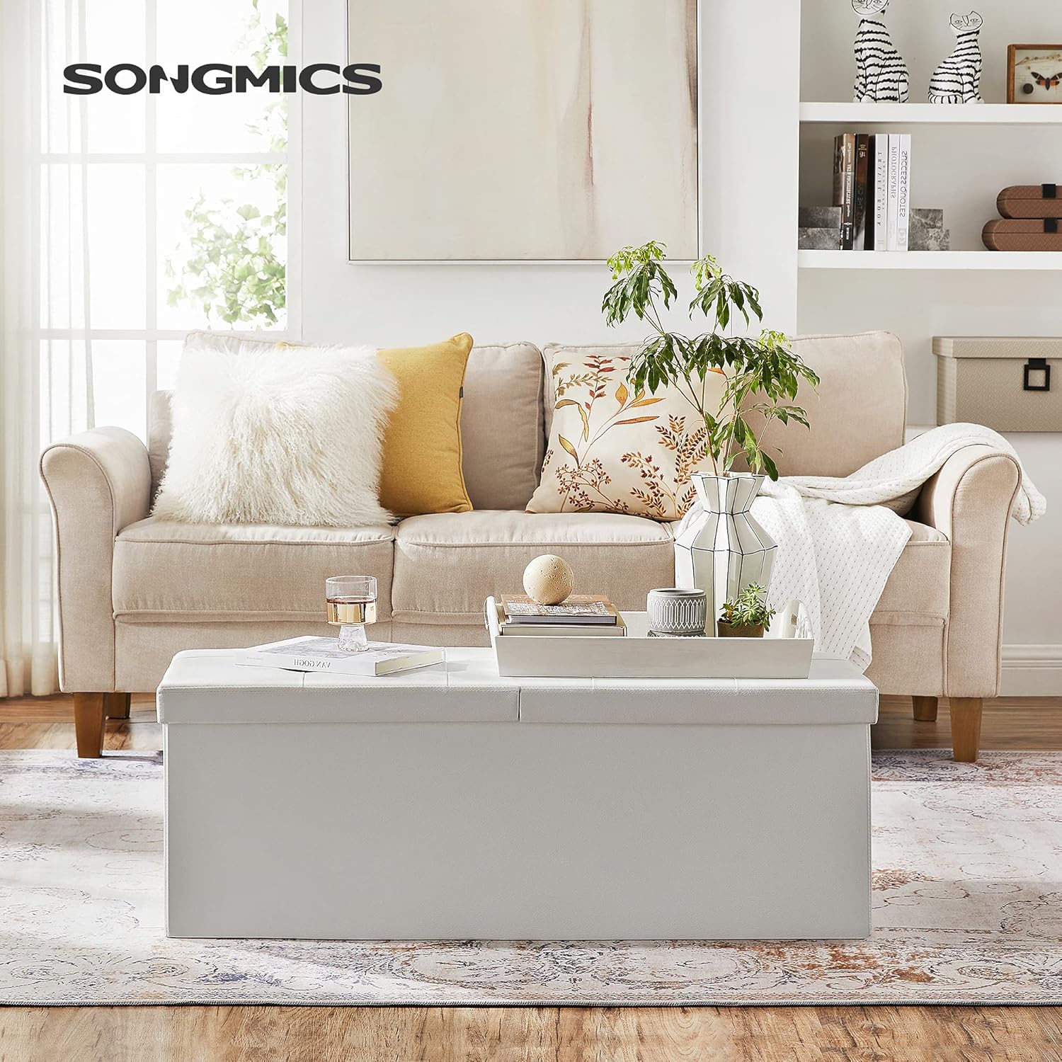 SONGMICS MAZIE Collection - 43 Inches Storage Ottoman Bench with Flipping Lid, Storage Chest with Iron Frame Support, Load 660 lb, for Living Room, Bedroom, Synthetic Leather, White ULSF75WT