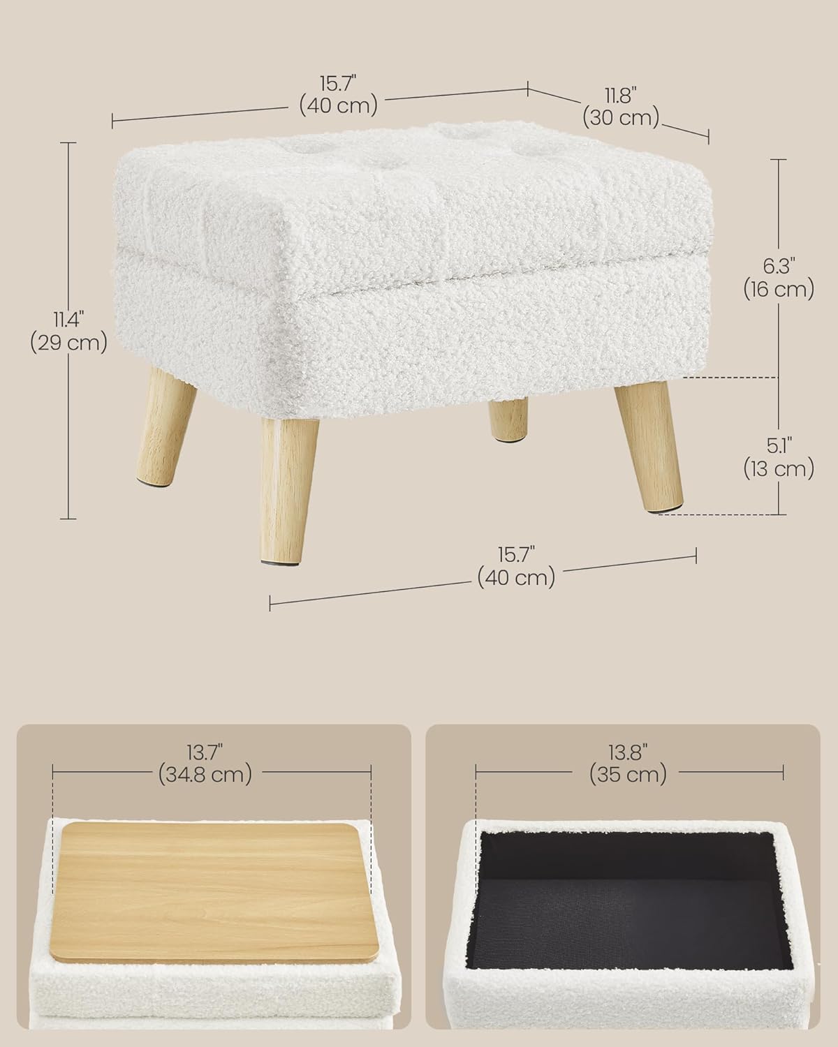 SONGMICS Storage Ottoman, Foot Stool, Ottoman with Padded Seat, Foot Rest with Wood Legs, Small Table, for Hallway, Living Room, 11.8 x 15.7 x 11.4 Inches, Teddy Fleece, Cream White ULOM518WD01
