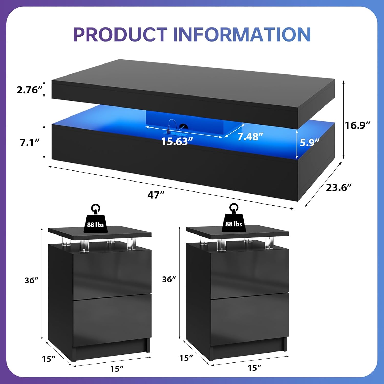 Nordivale 3-Piece Modern Living Room Table Set, Includes LED Coffee Table and End Tables Set of 2 with Storage Drawers, Black