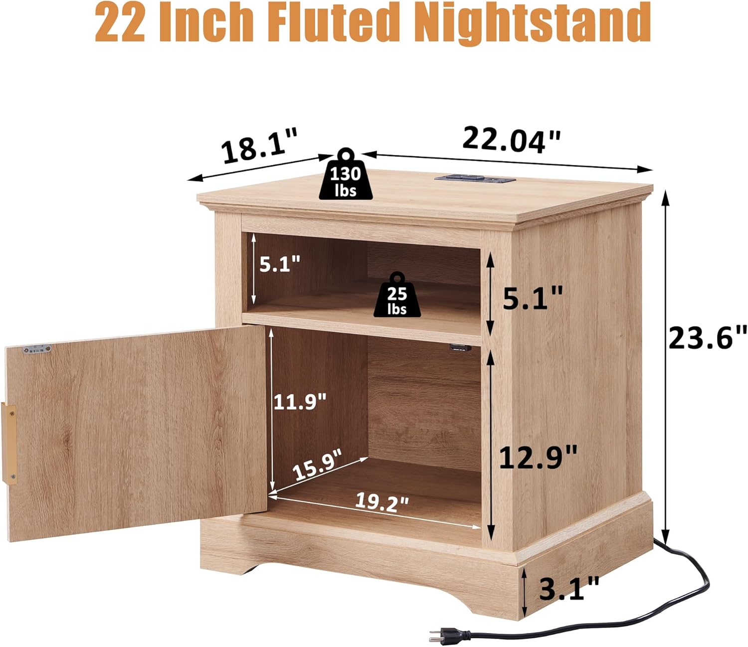 wow97e 22" Large Fluted Nightstand with Charging Station, Modern End Table, Wood Side Table w/Open Shelf & Spacious Tabletop, Bedside Table with Storage Space for Bedroom, Living Room-Natural