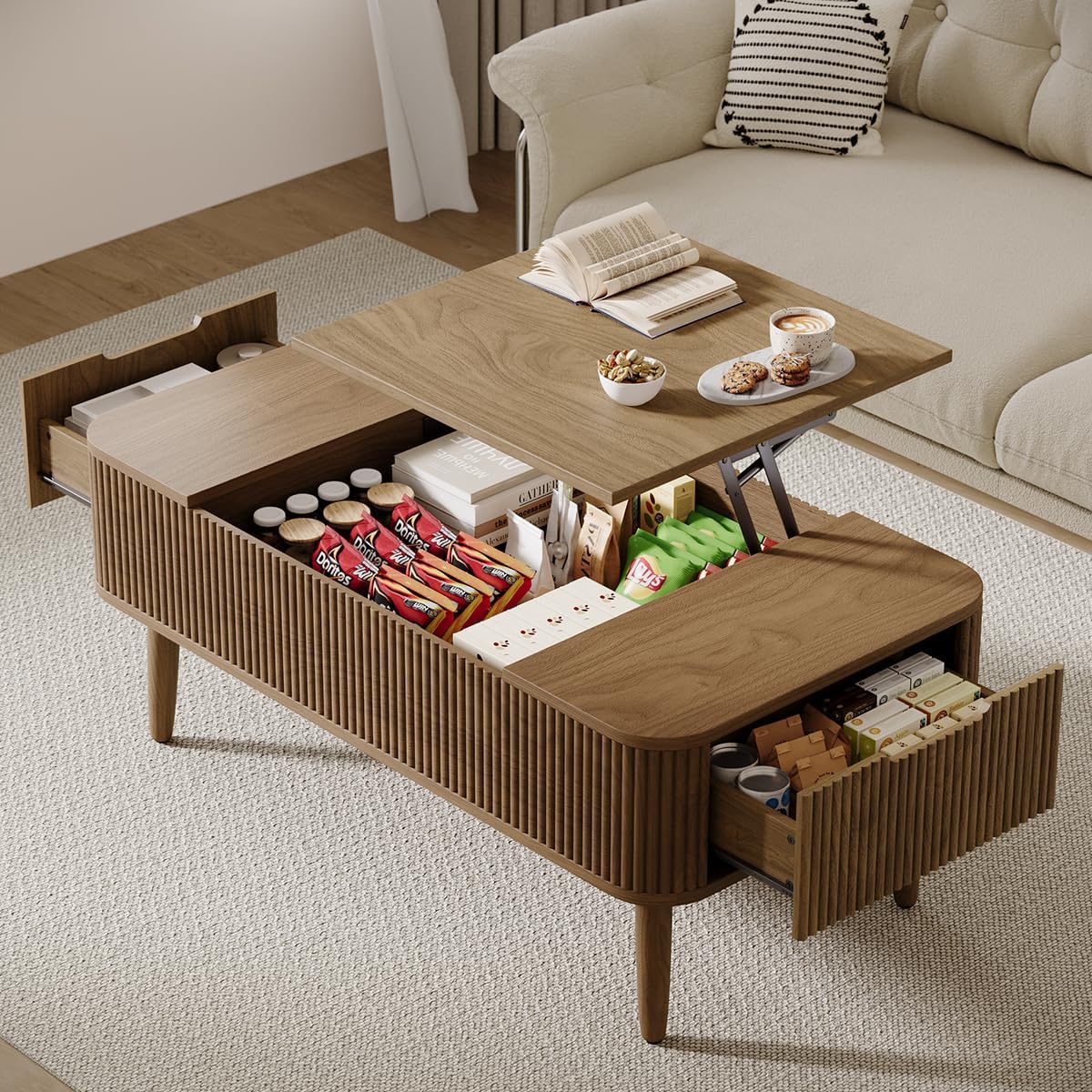 47.2u201D Modern Coffee Table Wooden Fluted Lift Top Coffee Table with Hidden Compartment, Mid Century Modern Rectangle Center Tables with Lifting Tabletop & 2 Storage Drawers for Home Living Room Walnut