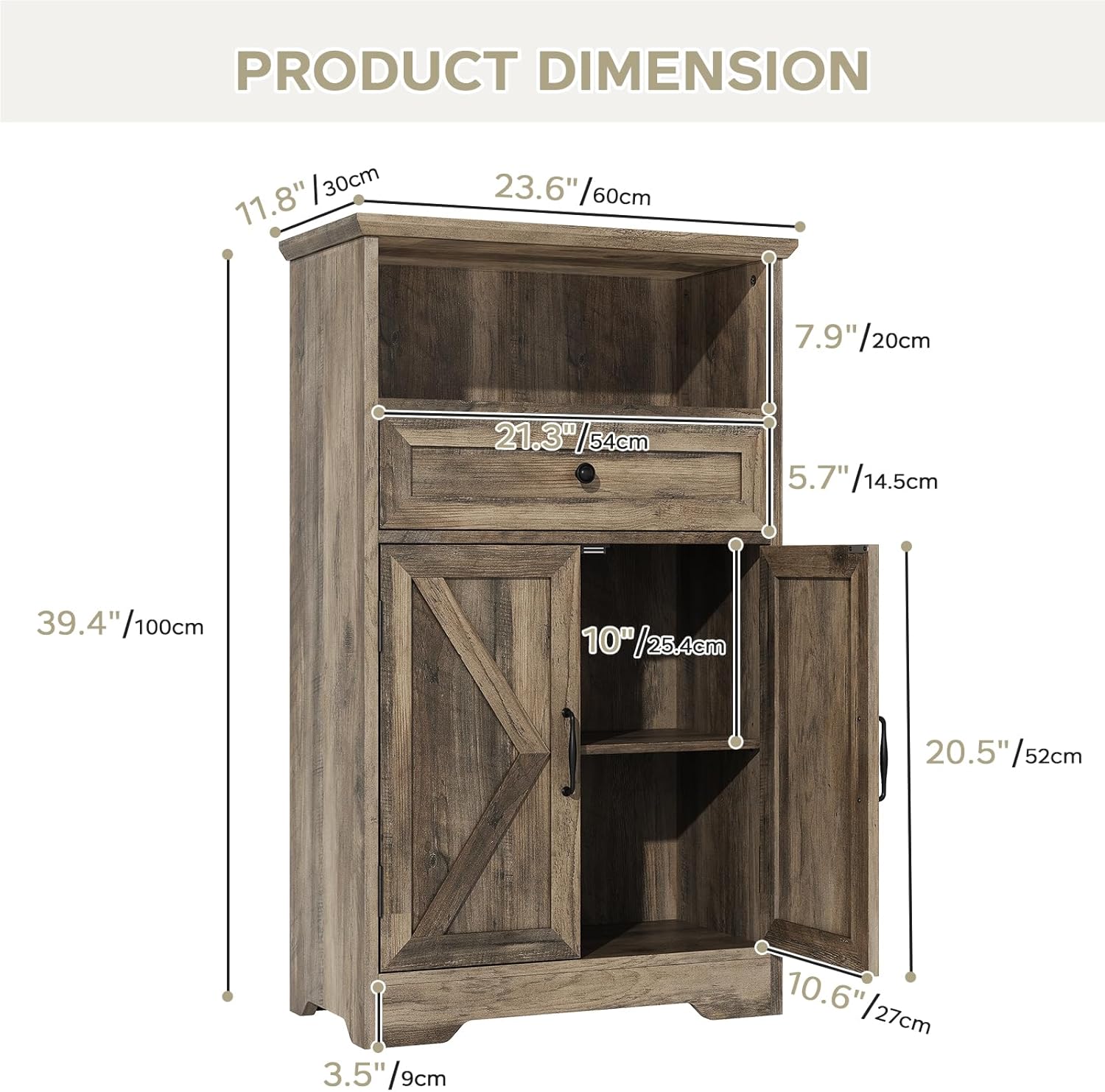 Viroformo Floor Cabinet, Farmhouse Storage Cabinet with Barn Doors and Drawer, 11.81" D x 23.62" W x 39.37" H Grey Freestanding Adjustable Shelf Organizer for Bathroom, Kitchen, Living Room