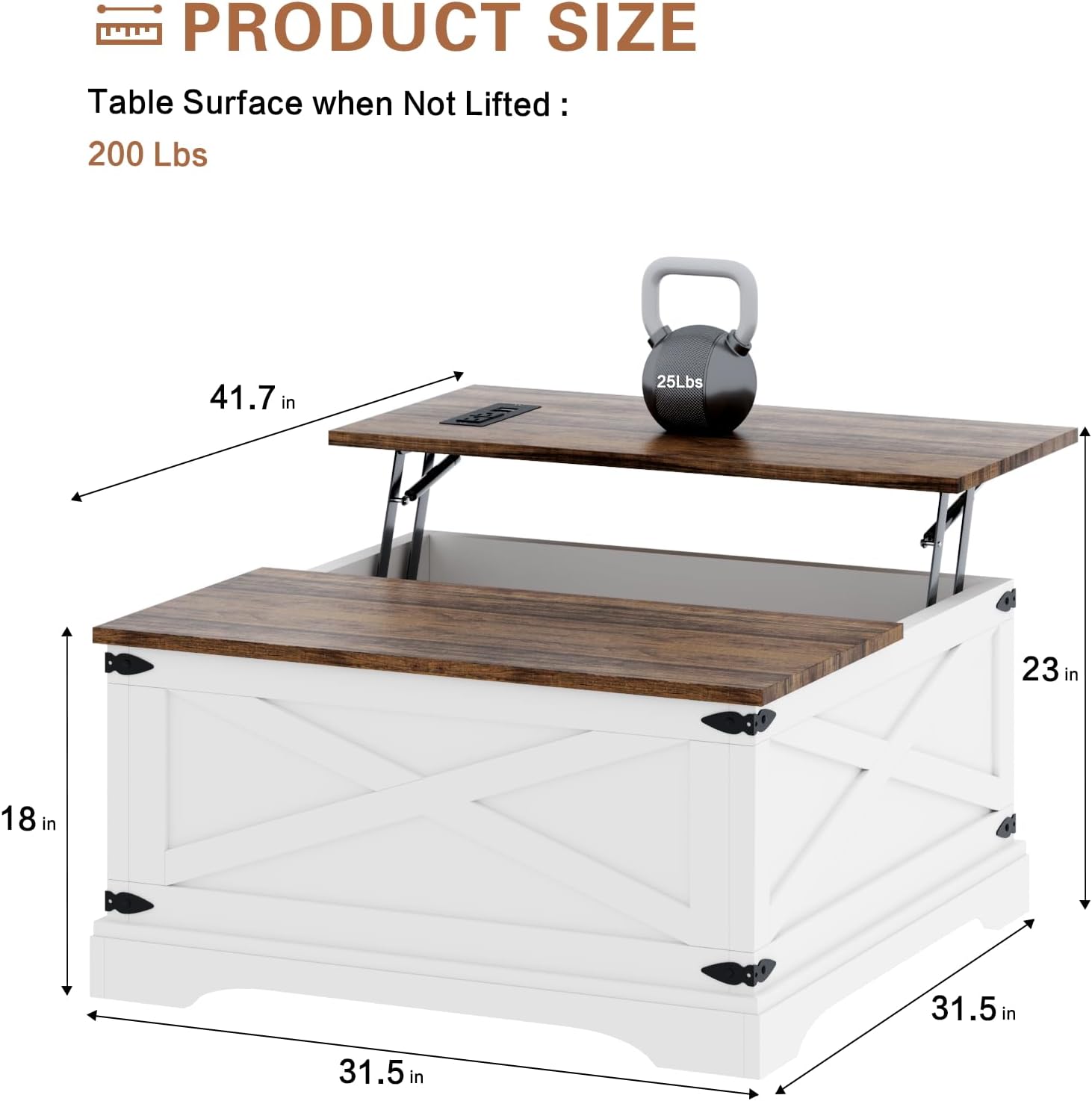 BROTTAR Lift Top Coffee Table with Storage, Square Coffee Table for Living Room with Charging Ports, Farmhouse Dining Table with Large Hidden Storage, White, 31.5"