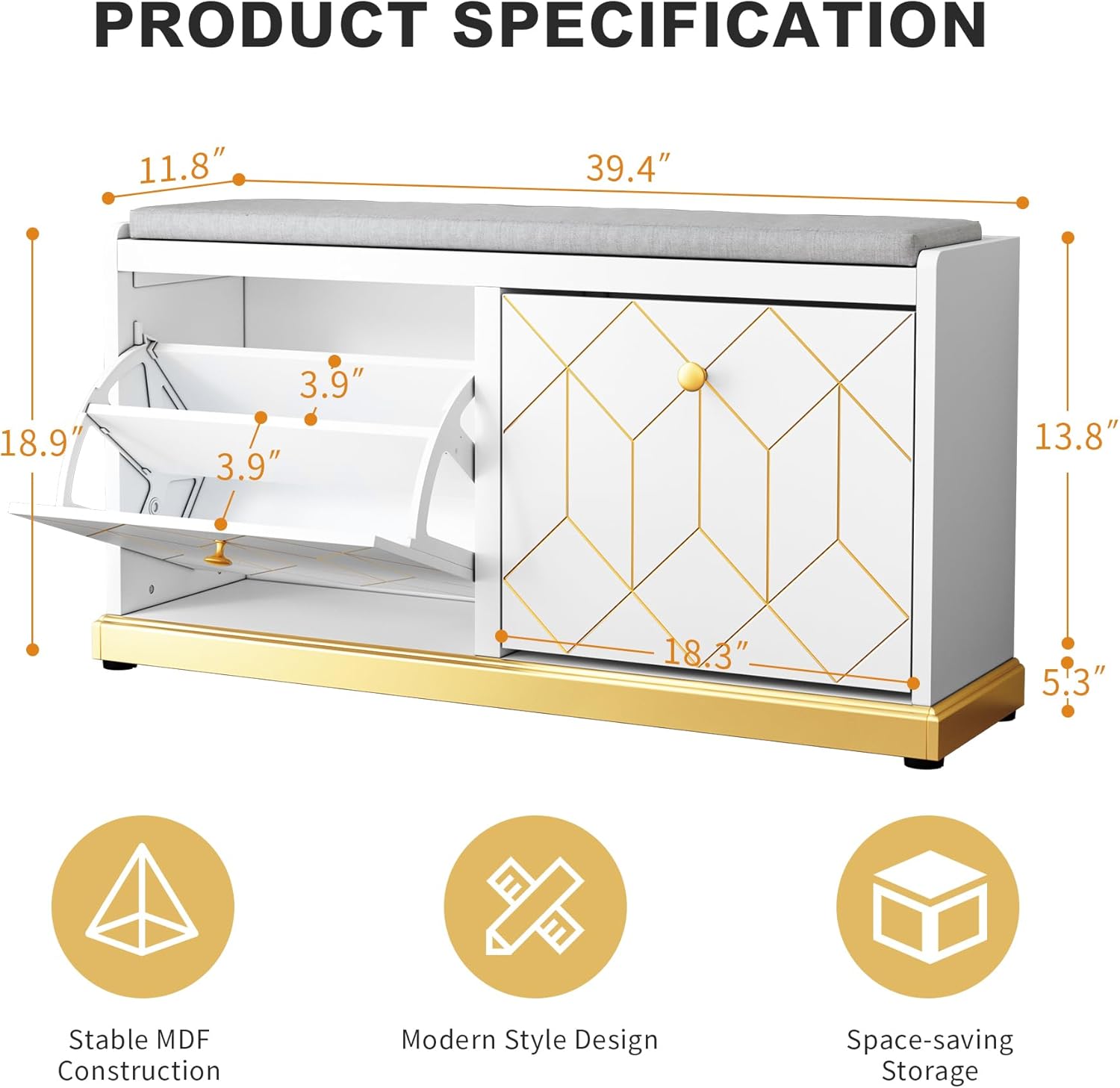 HLR Shoe Bench with Storage, Modern Entryway Bench with 2 Flip Drawer & Padded Cushion Seat, Shoes Storage Bench for Hallway, Closet, Living Room, White Shoe Storage Cabinet with Bench