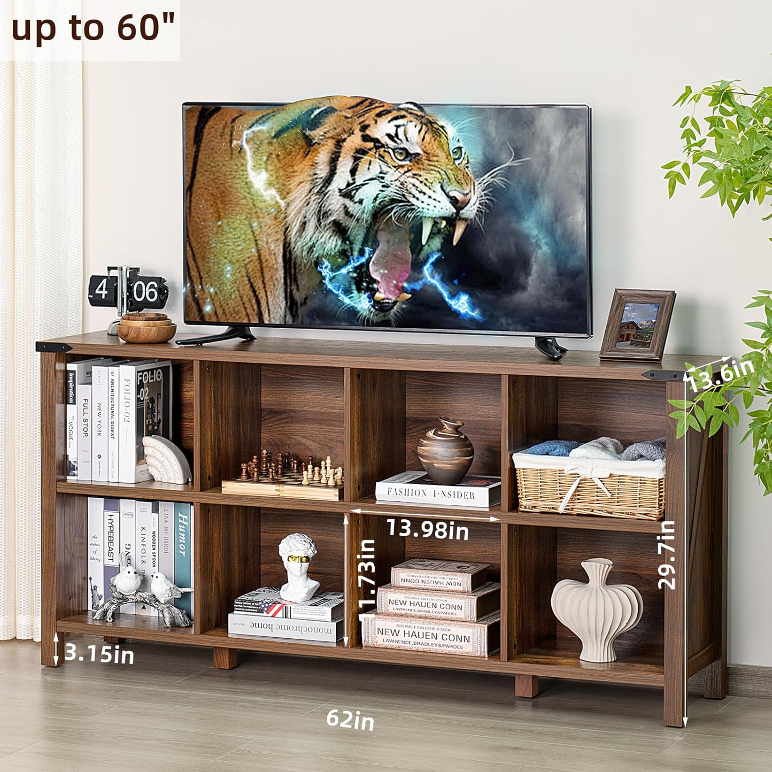 Joaxswe 8 Cube Book Shelf, Farmhouse Wood Long Storage Organizer Bookcase, 62" Horizontal Brown Walnut Console Closet Bookshelf, Hallway TV Stand for Entryway, Display Cabinet Book Case for Office