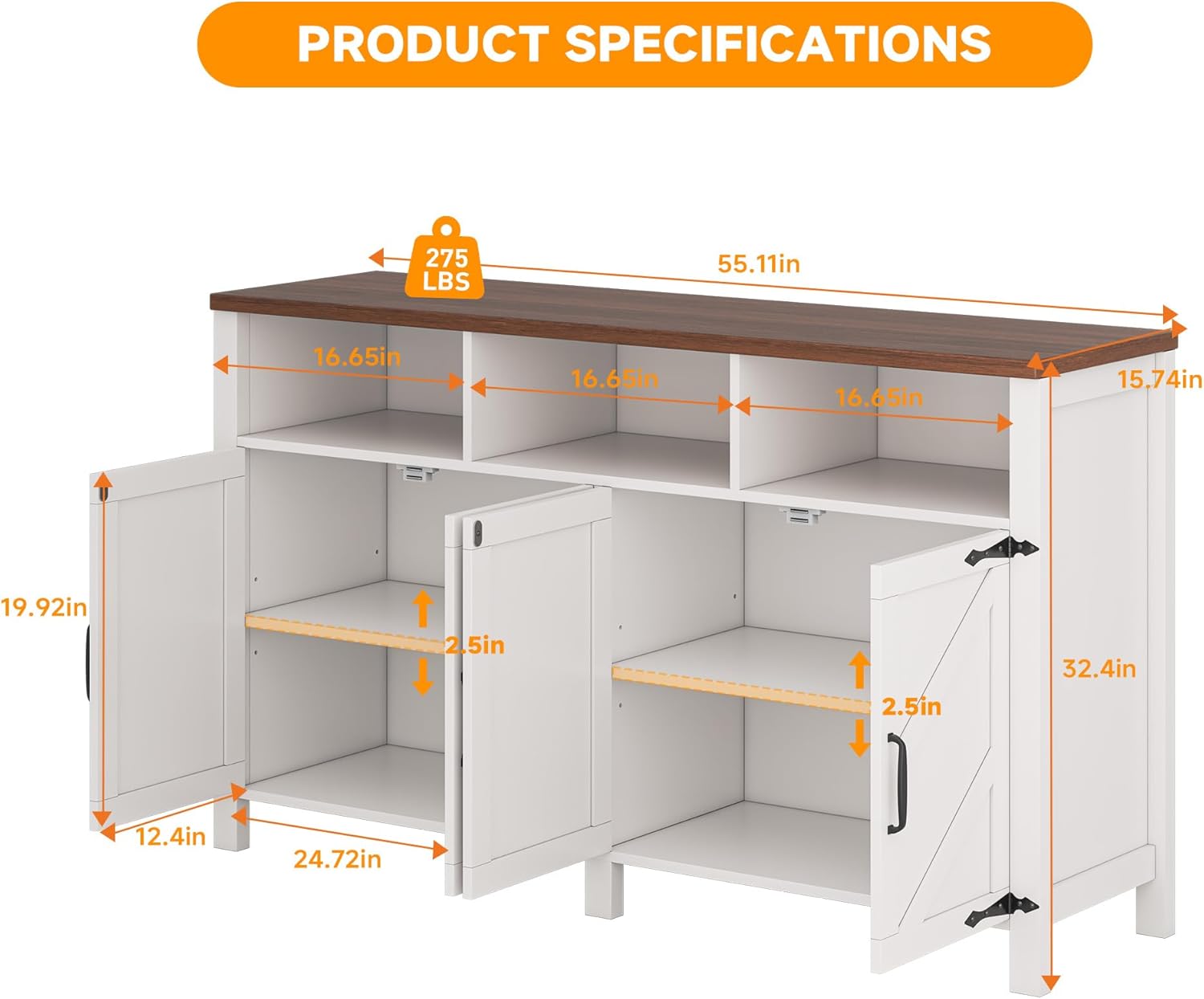 knoworld Buffet Sideboard with Storage Farmhouse with 4 Doors, 55'' Large Kitchen Storage Cabinet Wood Coffee Bar Cabinet Buffet Table with Shelves for Kitchen, Dining Room, Entryway