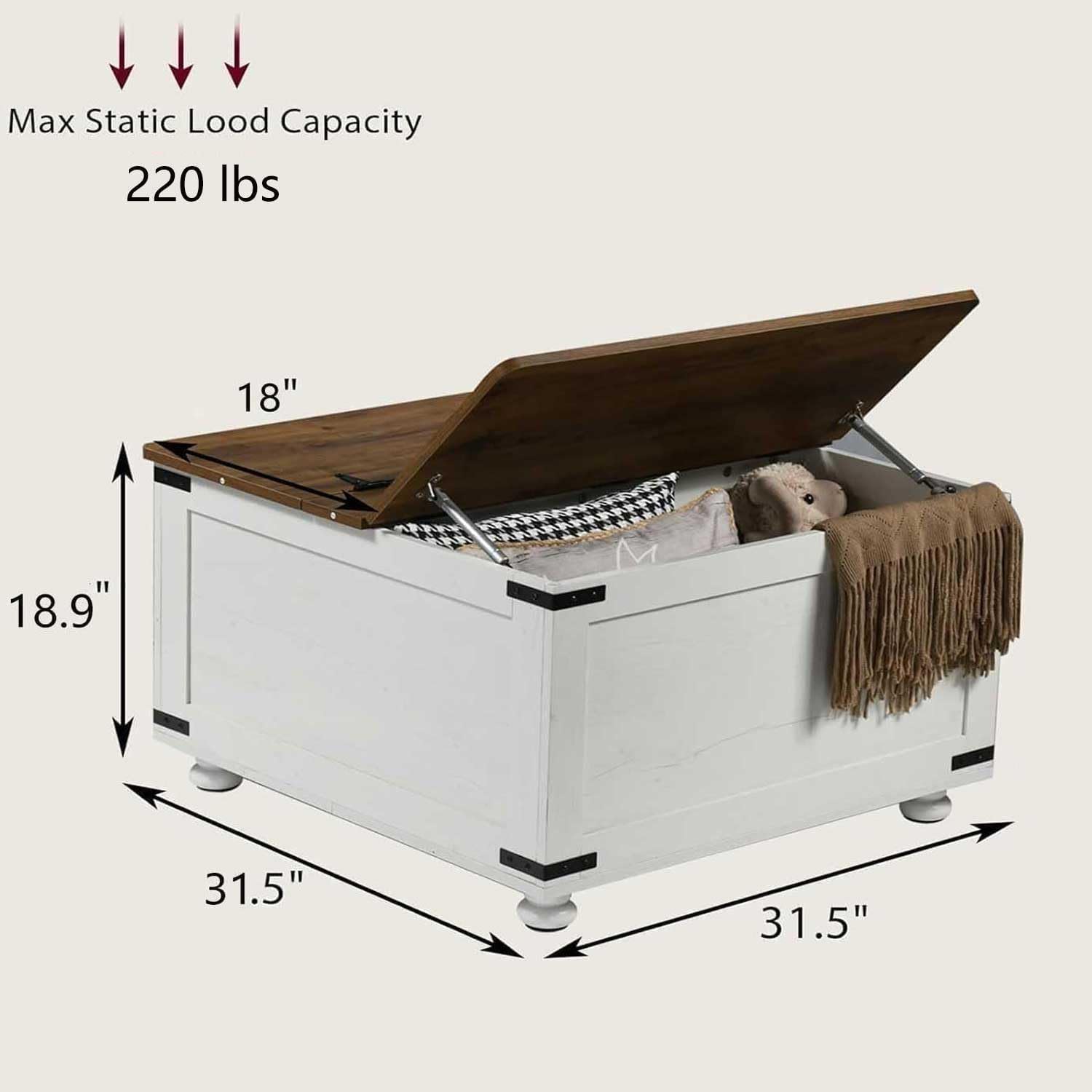 MaverickFurni Farmhouse Coffee Table with Storage, White Square Center Table with Hidden Storage Organizer for Living Room, Center Table with Hinged Flip-Top Lids