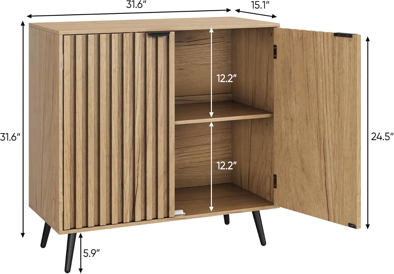 Smuxee Fluted Sideboard Cabinet, Freestanding Natural Buffet Cabinet with Adjustable Shelf, Wood Storage Cabinet for Living Room, Entryway, Hallway