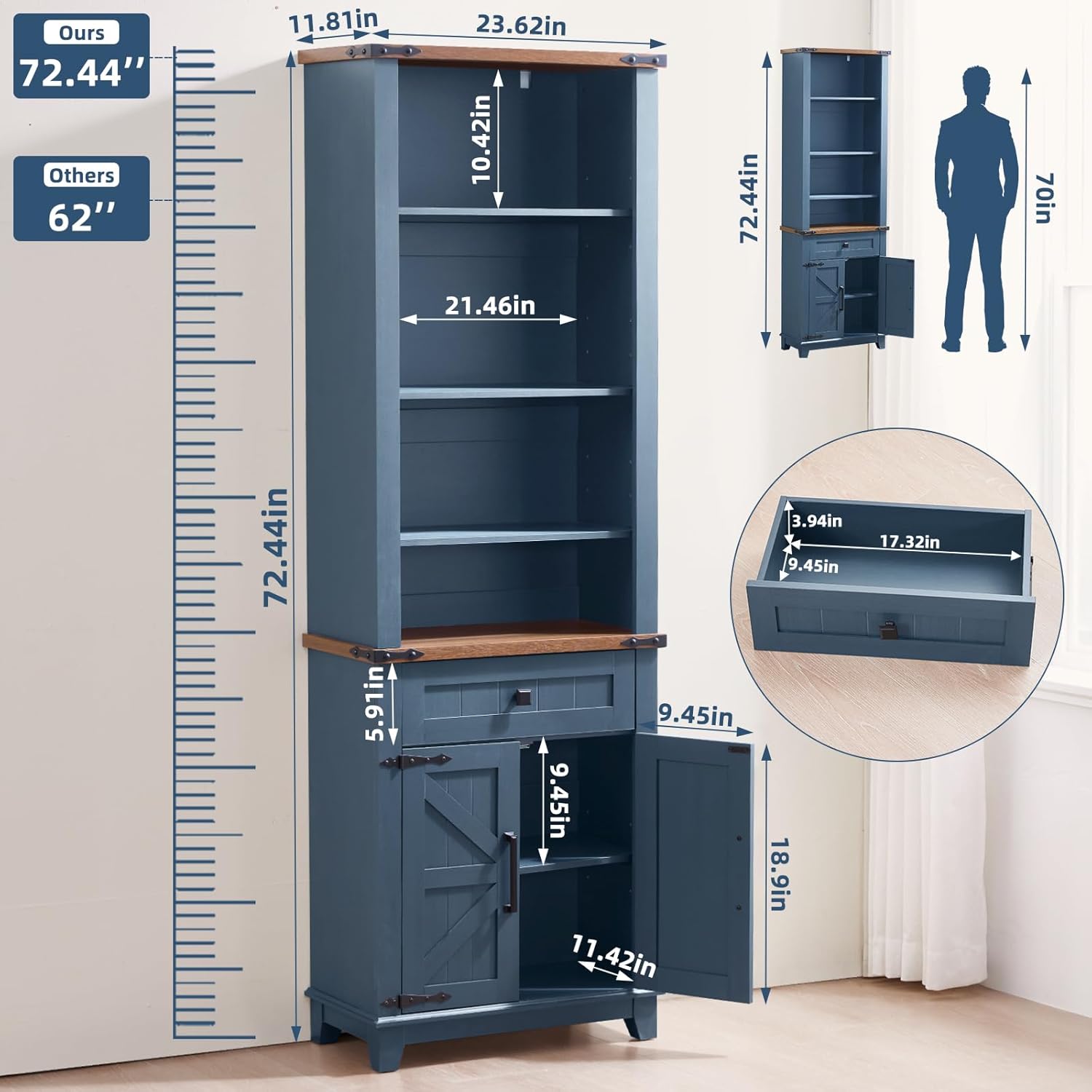 Joaxswe 72in Tall Bookshelf 7 Tier Bookcase with Drawer and Barn Doors and Adjustable Shelves, Blue Farmhouse Book Shelf with Storage Cabinet, Wood Freestanding Display Bookshelves for Living Room