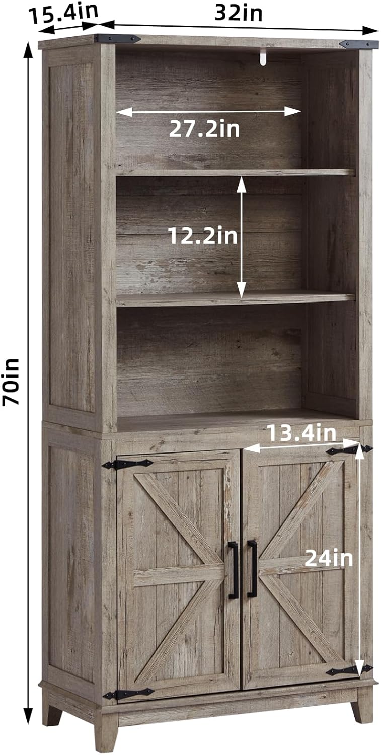 Joaxswe 70in Tall Bookshelf 5 Tier Bookcase with Barn Doors and Adjustable Shelves, Grey Farmhouse Book Shelf with Storage Cabinet, Wood Freestanding Display Bookshelves for Bedroom, Living Room