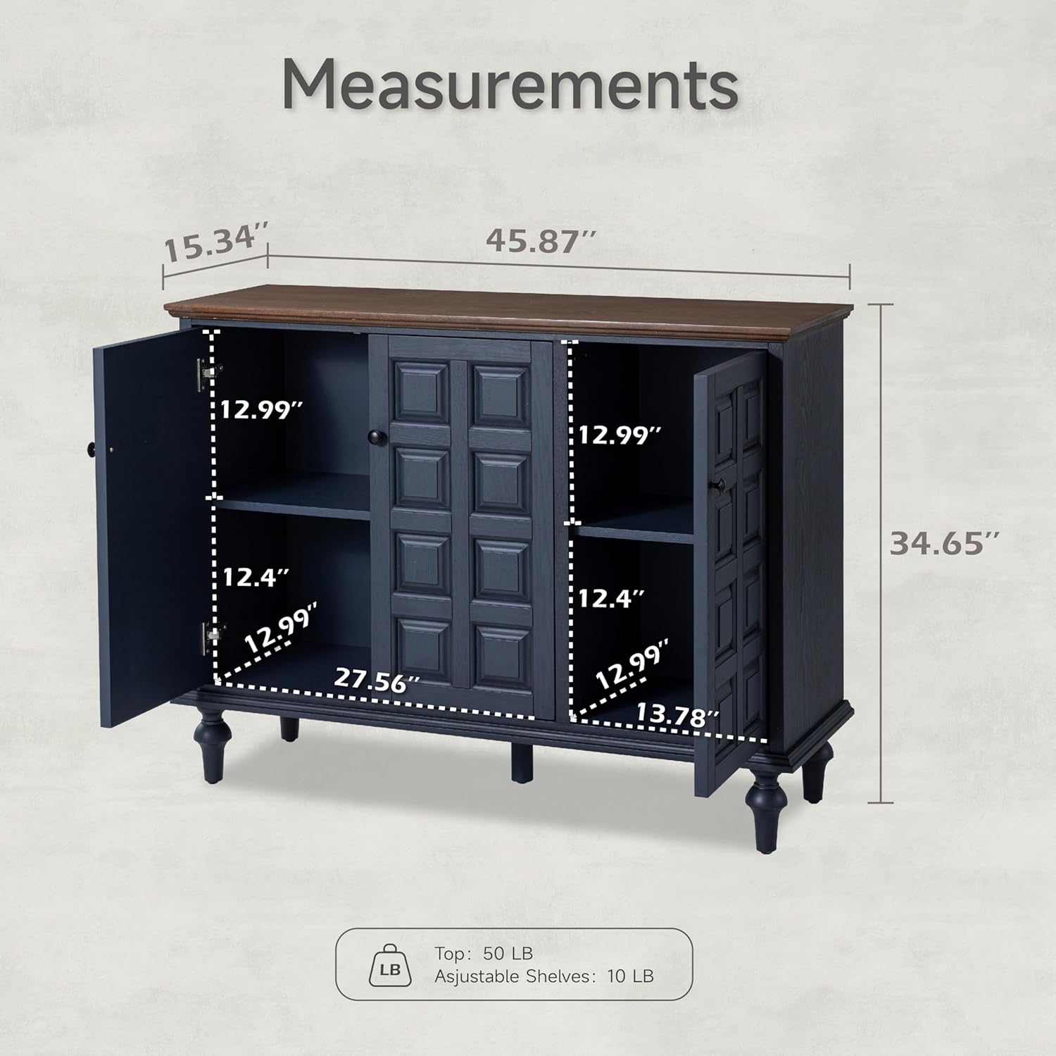 Aoikax Retro 3 Door Storage Cabinet with Plaid Pattern Front, Rustic Side Table for Bedroom, Living Room, Handles, Four Shelves, Pine Wood, Natural Wood, Dark Blue