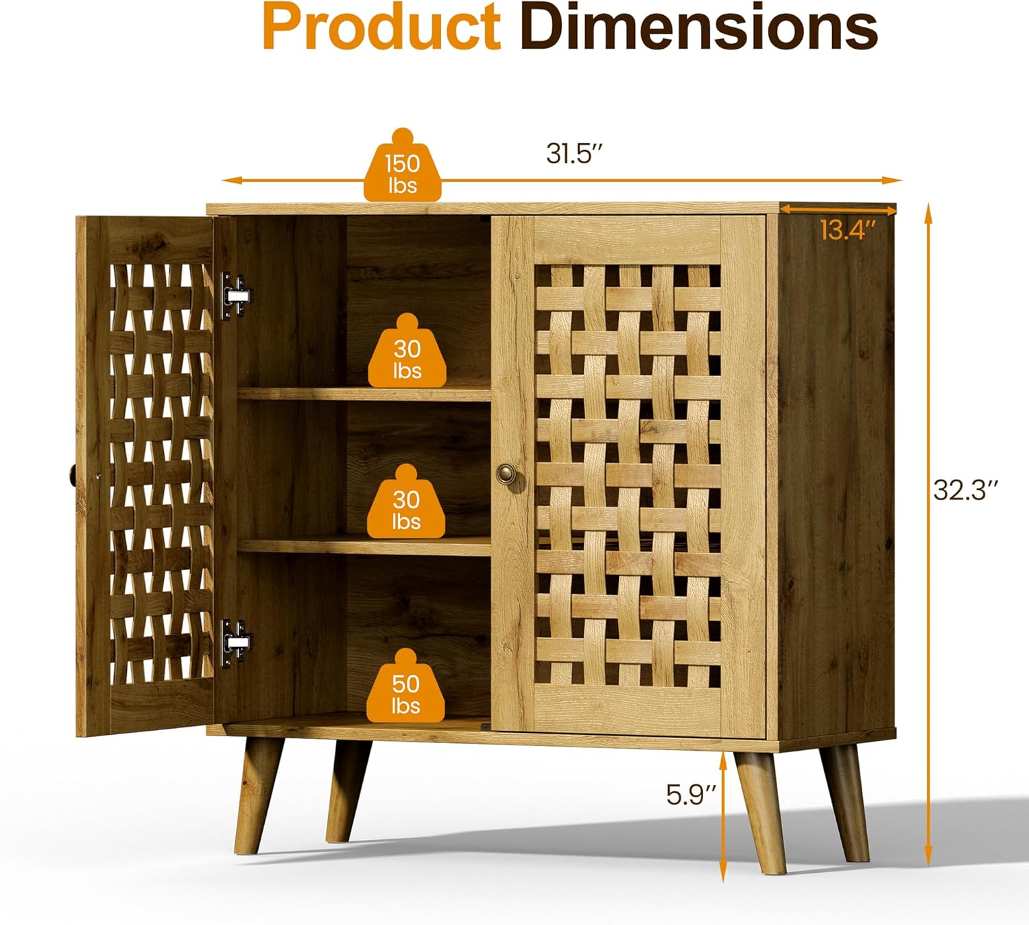 RoyalCraft Accent Cabinet with 2 Basket Weave Wooden Doors, Farmhouse Buffet Entryway Cabinet with Oak Legs for Living Room, Natural Wooden Decorative Sideboard with Adjustable Shelf