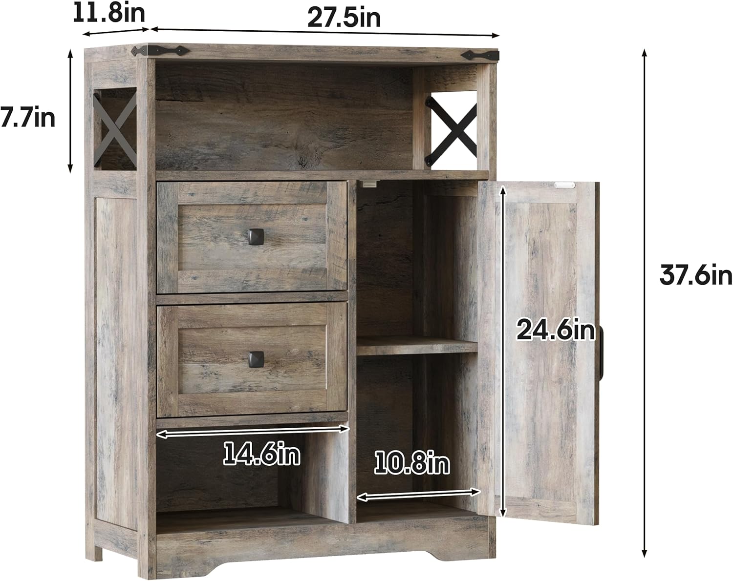 Fameill Farmhouse Storage Cabinet with 2 Drawers & Shelves,Freestanding Kitchen Cabinet with Doors,Floor Storage Organization for Living Room,Bathroom,Laundry,Grey