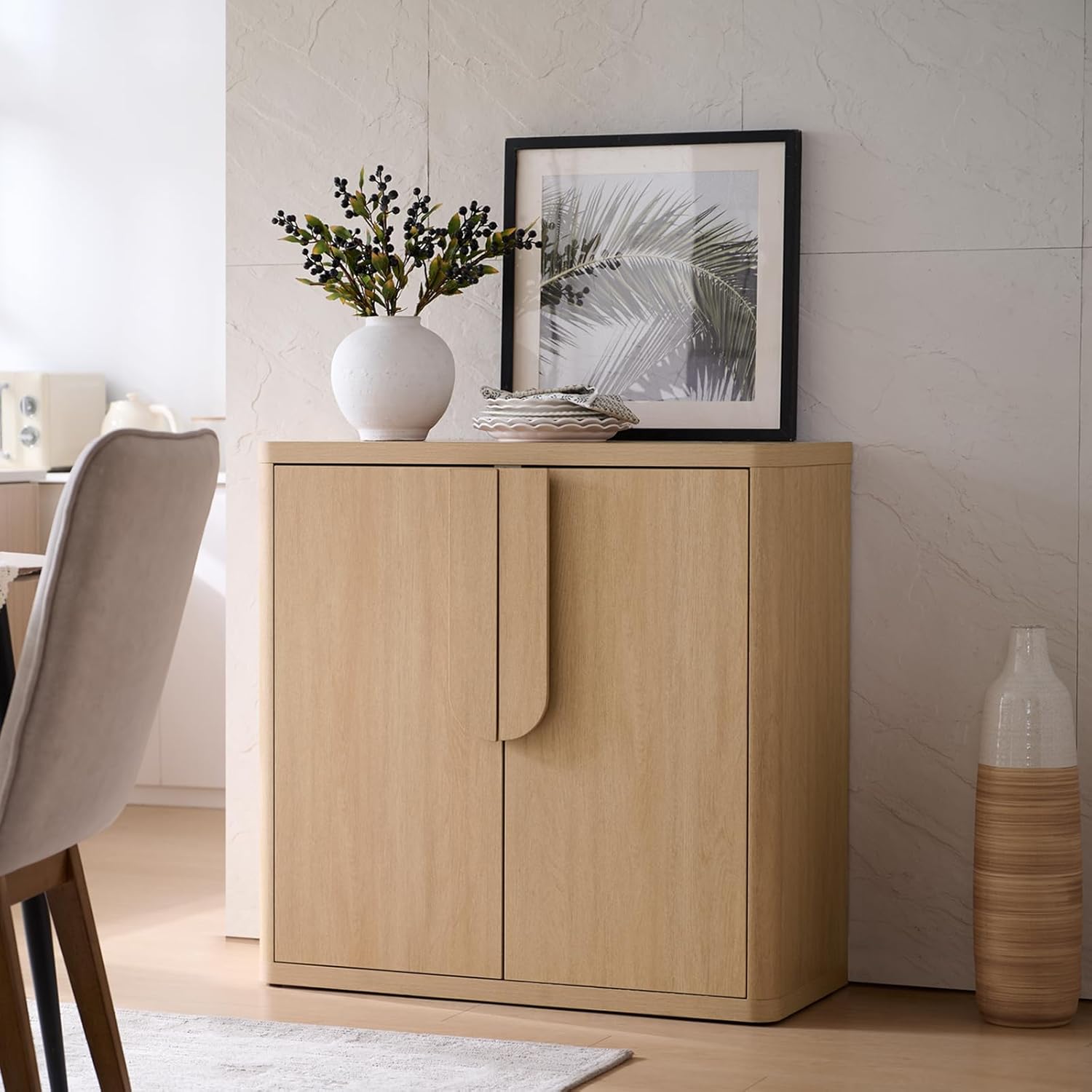 NOWABAY 34.5'' Sideboard Buffet Cabinet W/Storage, Modern Accent Cabinets W/Curved Handles & Adjustable Shelves, 2 Doors Coffee Bar Buffet Table Credenza for Living Room Kitchen Hallway, Natural Oak