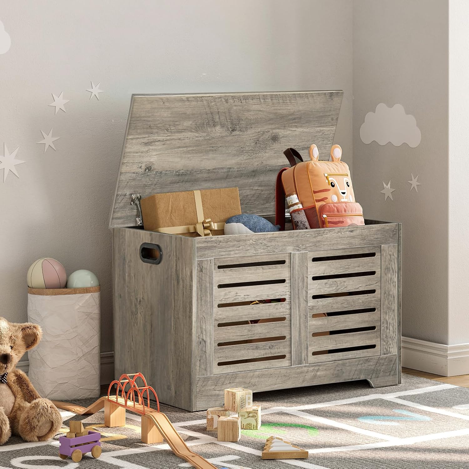 DINZI LVJ Storage Chest, Flip-Top Wooden Toy Box with 2 Safety Hinges, Entryway Shoe Storage Bench, Good Ventilation, Storage Trunk for Living Room, Bedroom, Easy Assembly, Gray Wash