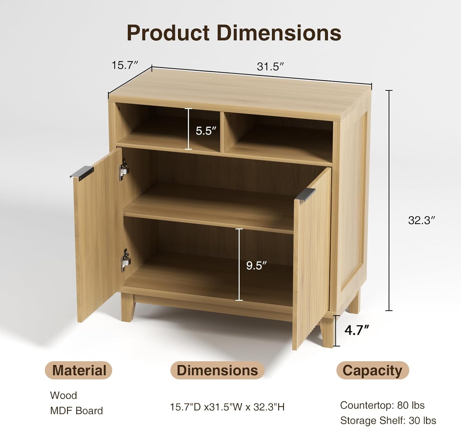 FiveWillowise Buffet Cabinet with Storage - Elegant Fluted Storage Cabinet with Adjustable Shelves and Solid Wood Leg, Modern Buffet Sideboard for Living Room, Dining Room, Entryway