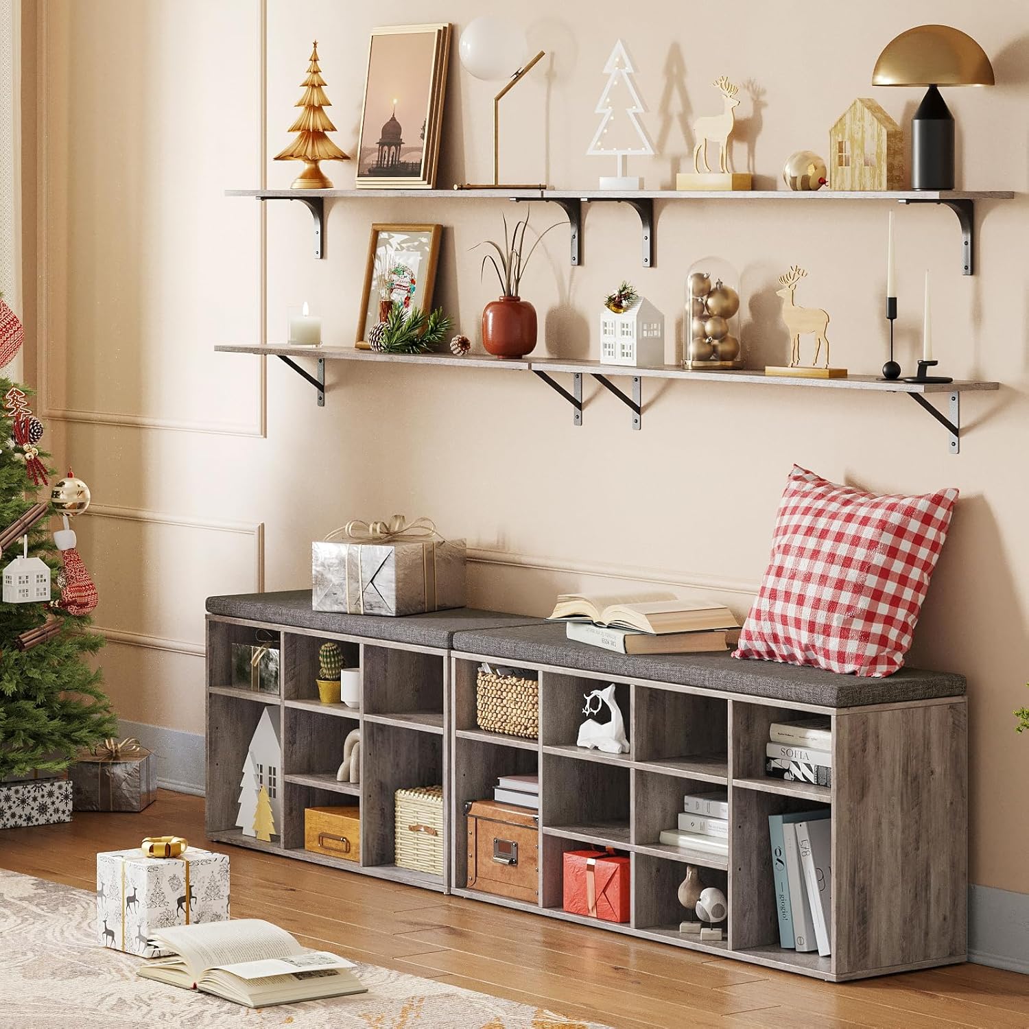 DINZI LVJ Shoe Storage Bench with Cushion, Cubby Rack with 12 Cubbies, Adjustable Shelves, Multifunctional Organizer Bench for Entryway, Mudroom, Hallway, Closet and Garage, Greige