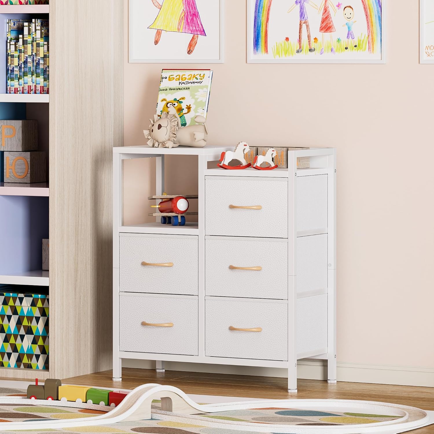 Furnulem 5 Drawer White Dressers for Bedroom 2 Tier Shelf Storage Small Fabric Dresser for Closet Sturdy Metal Frame Modern Style Storage Cabinets Organization Units for Hallway Rooms