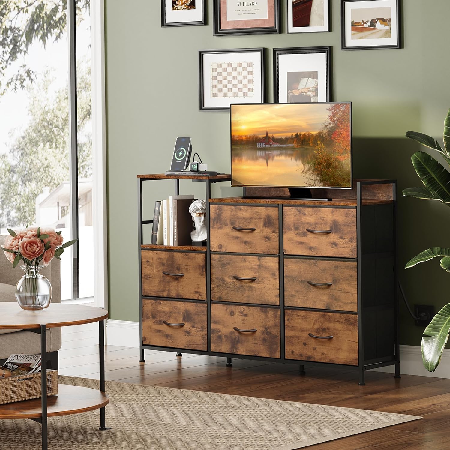 WLIVE dresser TV Stand with Charging Station, Entertainment Center with 8 Fabric Drawer,Storage cabinet , Wood Top for Living Room, Hallway, Rustic Brown