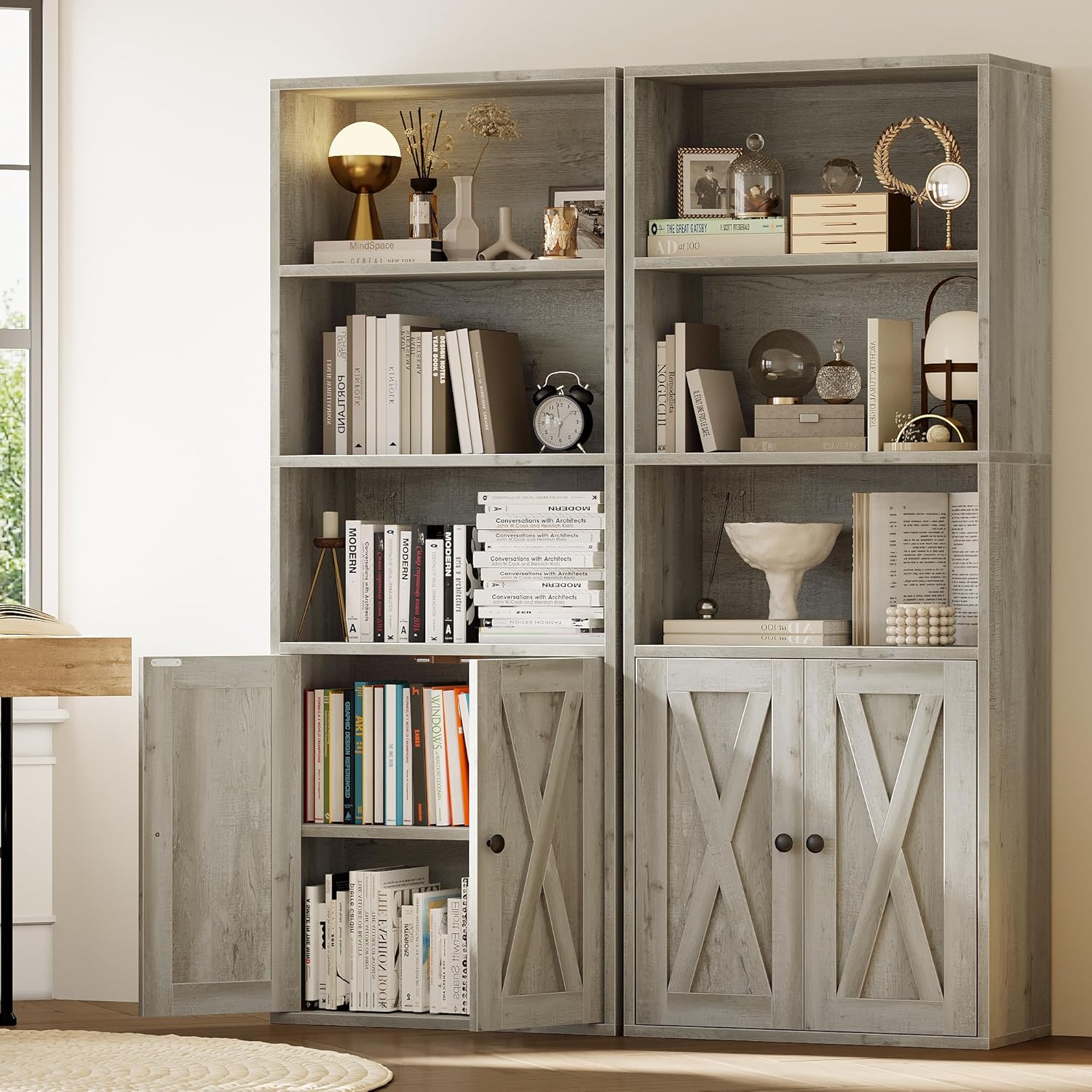 IRONCK Industrial Bookshelves and Bookcases with Doors 11.8 in Depth Set of 2 Floor Standing 5 Shelf Display Storage Shelves Bookcase Home Decor Furniture for Home, Office, Living Room, Bedroom