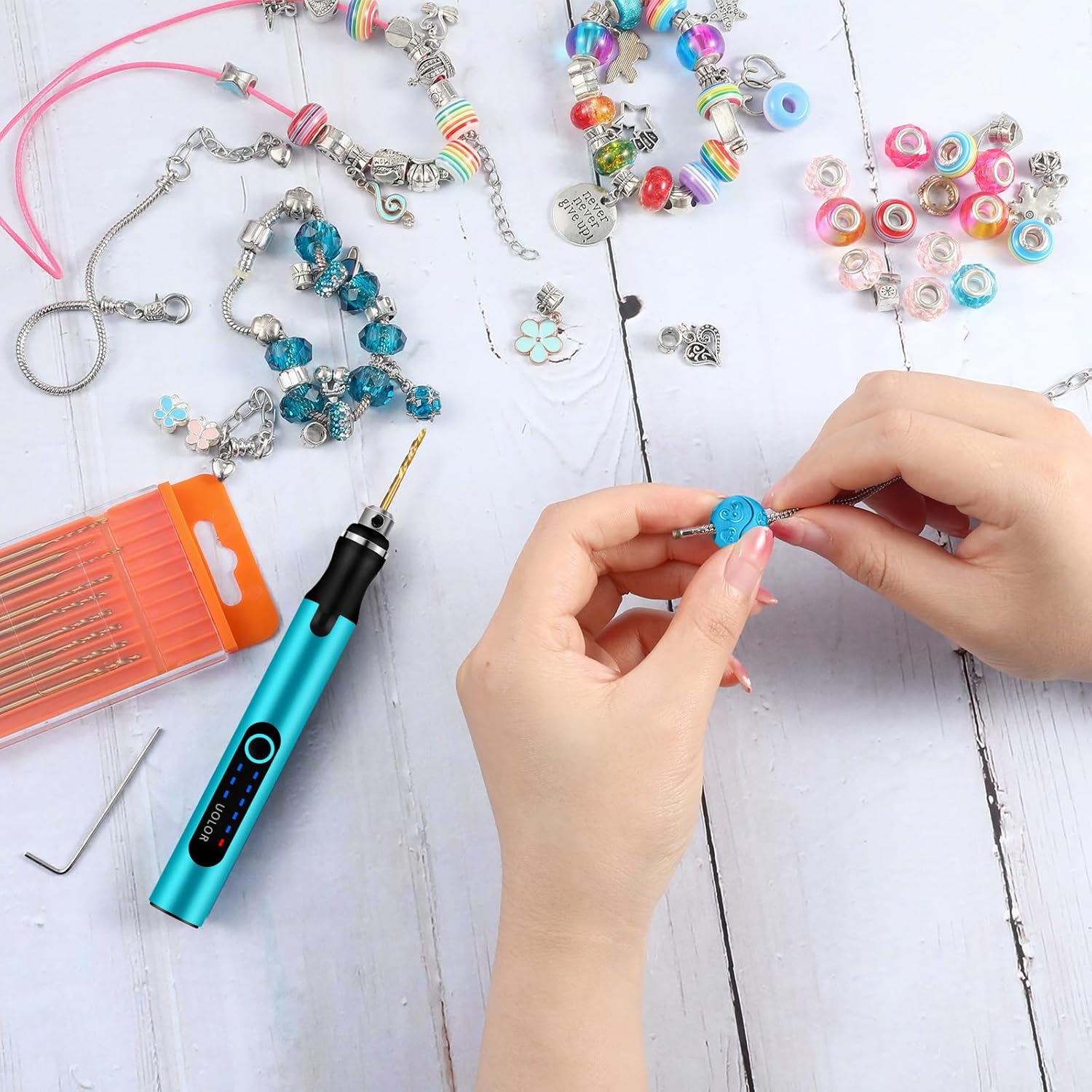 Uolor 3-Speed Cordless Mini Drill Pen, Rechargeable DIY Electric Hand Drill with 10 Small Drill Bits, Micro Drill Set for Jewelry Making Stone Plastic Resin Keychains