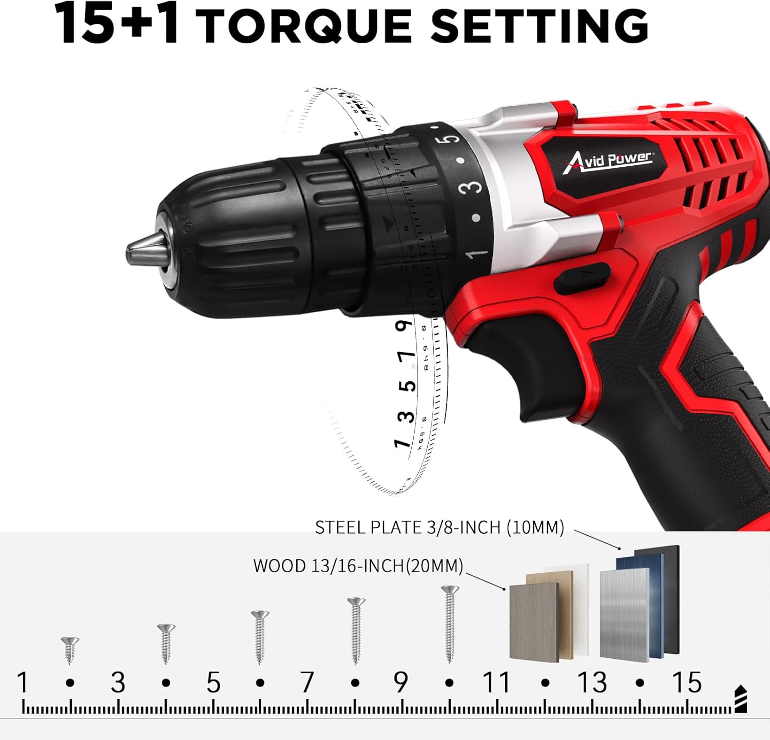 AVID POWER 20V MAX Lithium lon Cordless Drill Set, Power Drill Kit with Battery and Charger, 3/8-Inch Keyless Chuck, Variable Speed, 16 Position and 22pcs Drill Bits (Red)