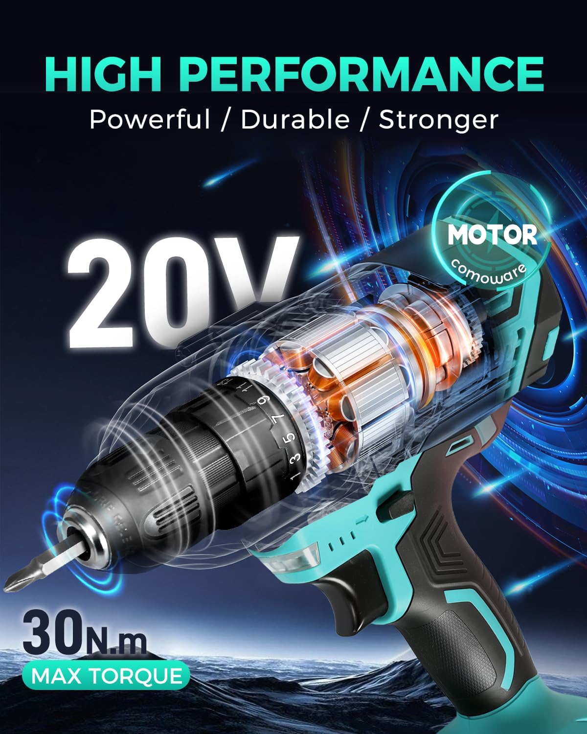 COMOWARE 20V Cordless Drill, Electric Power Drill Set with 1 Battery & Charger, 3/8u201D Keyless Chuck, 2 Variable Speed, 266 In-lb Torque, 25+1 Position and 34pcs Drill/Driver Bits