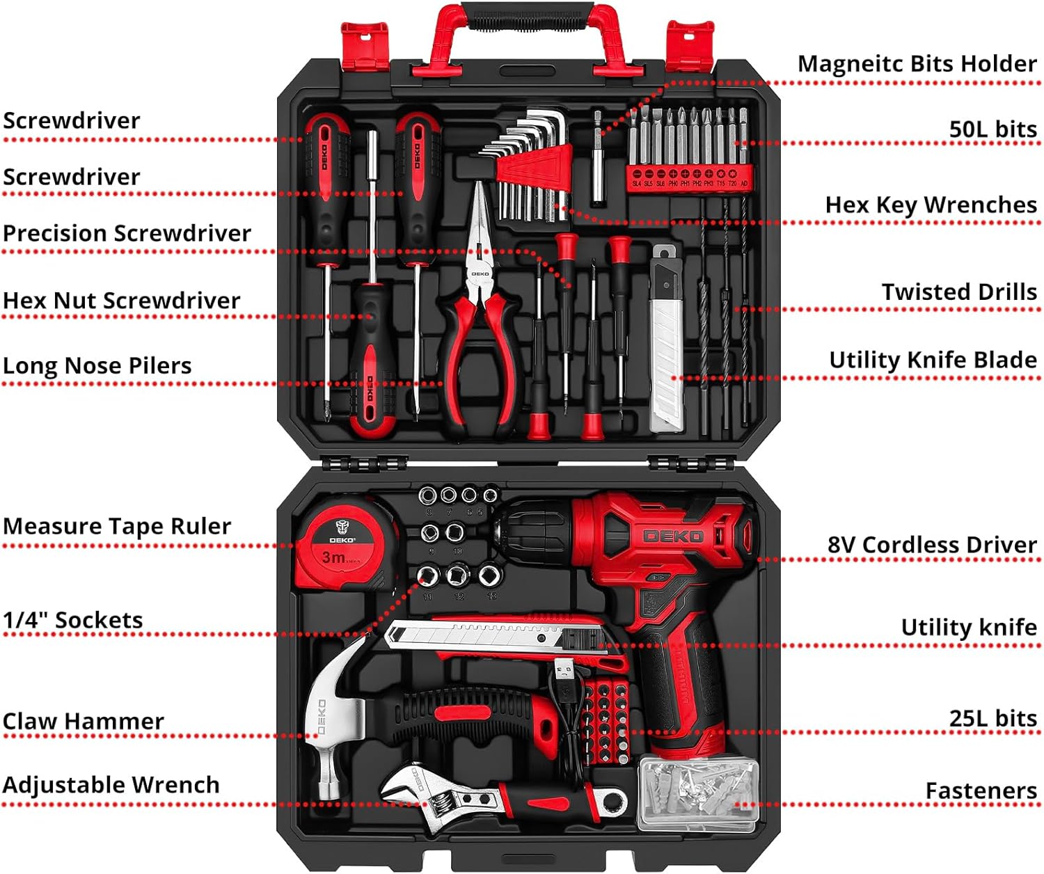 DEKOPRO Drill Set: Tool Set with 8V Red Cordless Drill, Home Tool Kit with Drill, Hand Tool Kits for Women 126 Piece