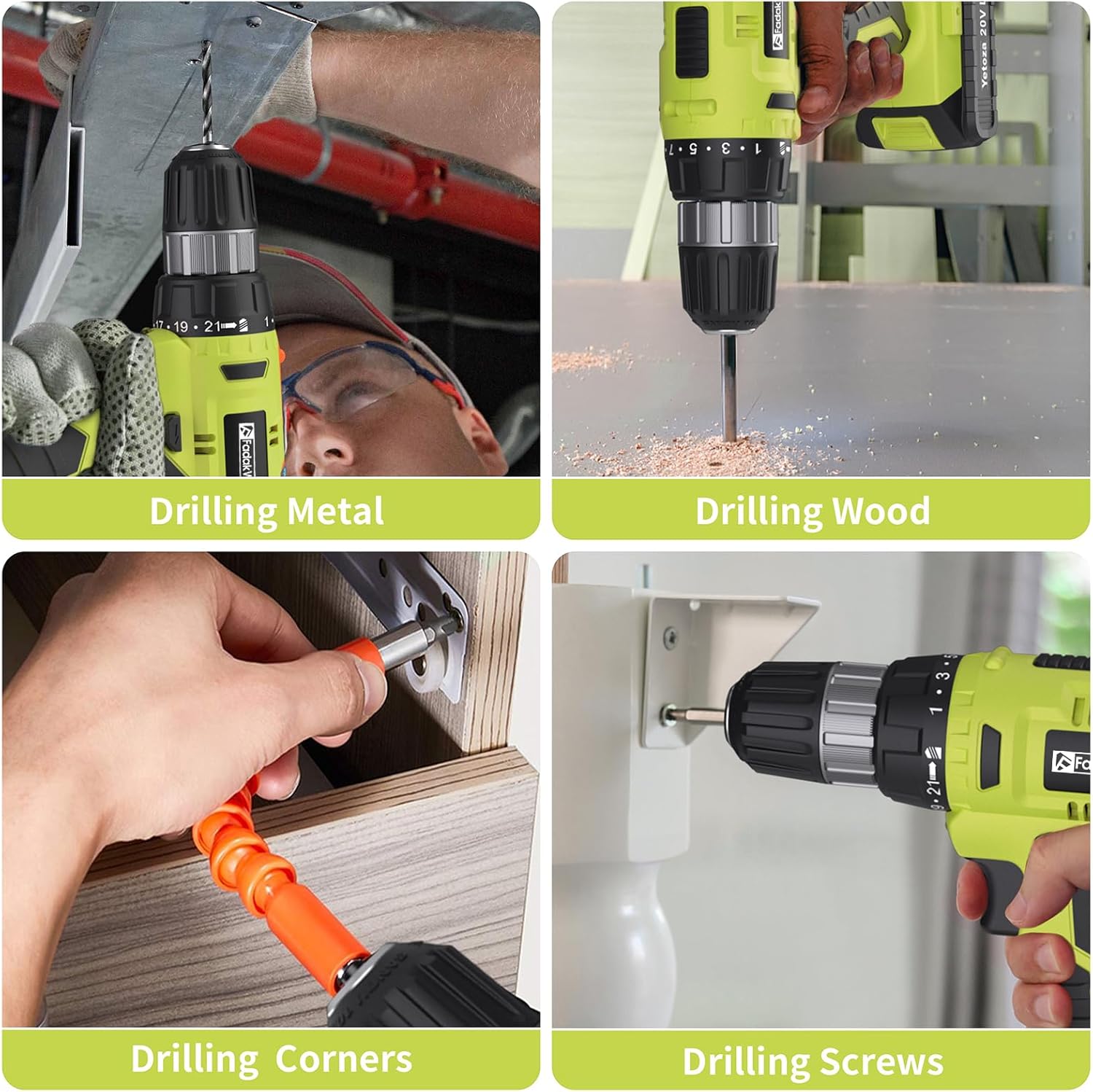 FADAKWALT Cordless Drill Set, 20V Electric Power Drill with Battery And Charger, Torque 30N, 21+1 Torque Setting, 3/8-Inch Keyless Chuck, Drill Driver Bits Kit, with LED - Image 5