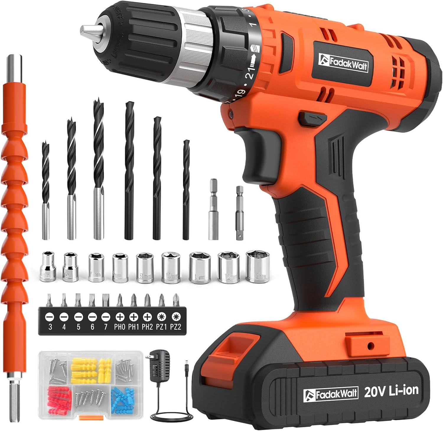 FADAKWALT Cordless Drill Set, 20V Electric Power Drill with Battery And Charger, Torque 30N, 21+1 Torque Setting, 3/8-Inch Keyless Chuck, Drill Driver Bits Kit, with LED - Image 8