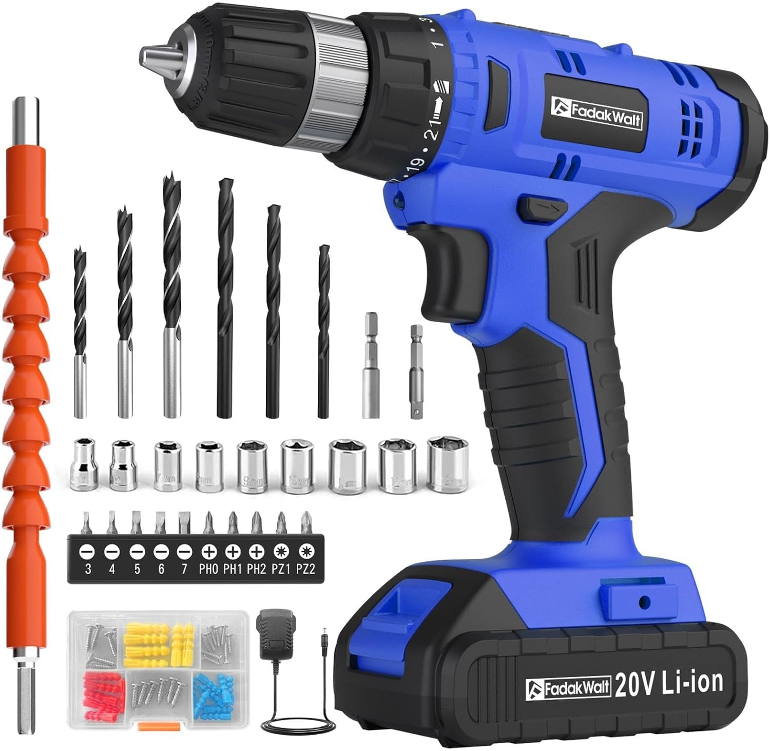 FADAKWALT Cordless Drill Set, 20V Electric Power Drill with Battery And Charger, Torque 30N, 21+1 Torque Setting, 3/8-Inch Keyless Chuck, Drill Driver Bits Kit, with LED - Image 9