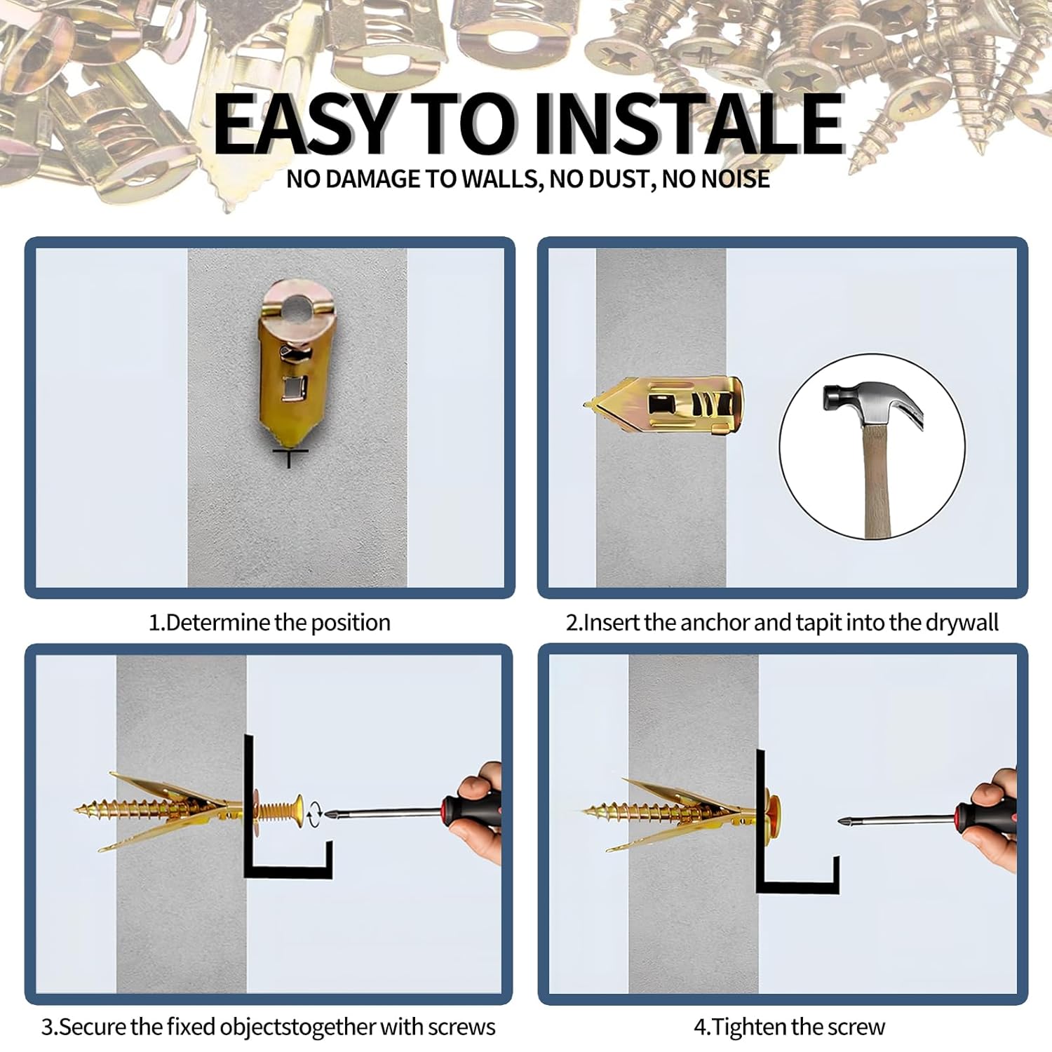 SOPAMI 100 PCS Drywall Self Drilling Anchors with Screws Kit,50 PCS Sheetrock Anchors (0.47X1.18inch) and 50 PCS Screws, Eliminating The Need for Drilling or Punching Holes in The Wall - Image 2