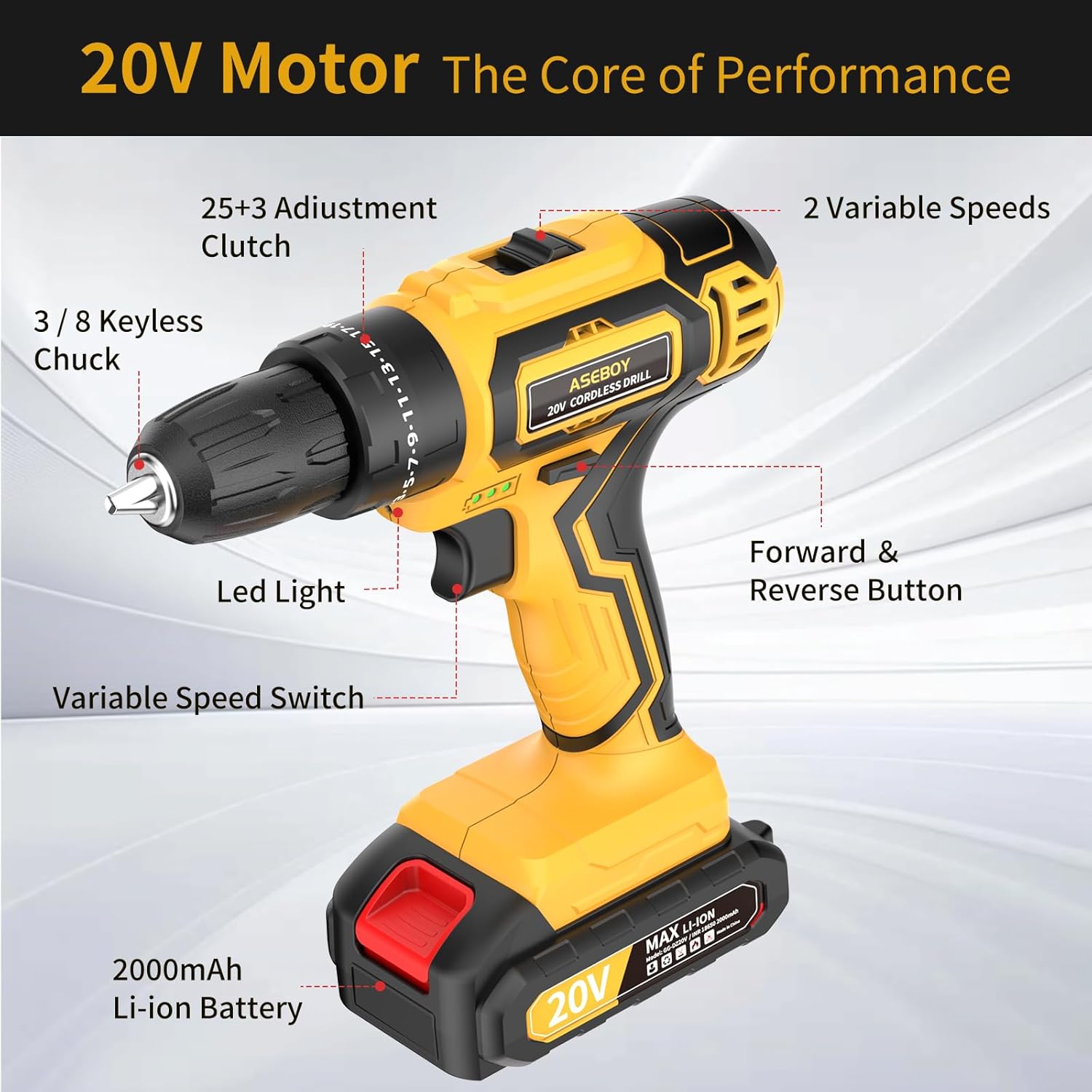 Aseboy Cordless Drill with Battery and Charger, 20V Electric Power Drill with 3/8" Keyless Chuck, 25+3 Torque Settings & Impact Mode for Drilling, Screwdriving, and Home Improvement(2 Batteries) - Image 2