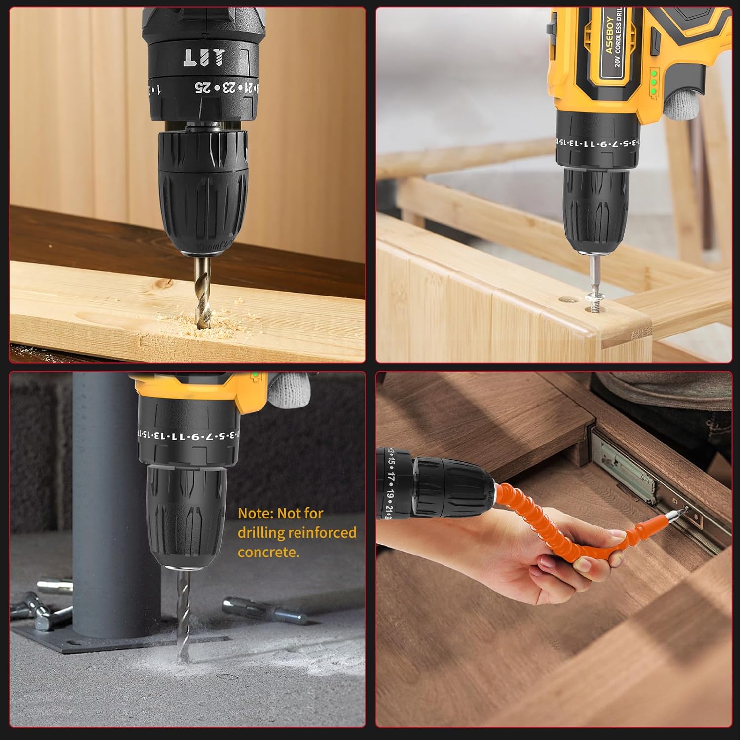 Aseboy Cordless Drill with Battery and Charger, 20V Electric Power Drill with 3/8" Keyless Chuck, 25+3 Torque Settings & Impact Mode for Drilling, Screwdriving, and Home Improvement(2 Batteries) - Image 5