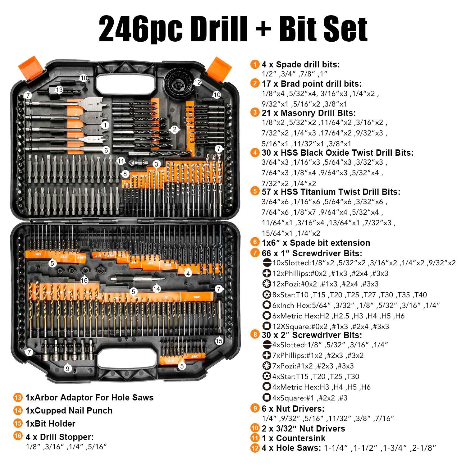 EnerTwist Drill Bit Set, 246-Pieces Drill Bits and Driver Set for Wood Metal Cement Drilling and Screw Driving, Full Combo Kit Assorted in Plastic Carrying Case, ET-DBA-246