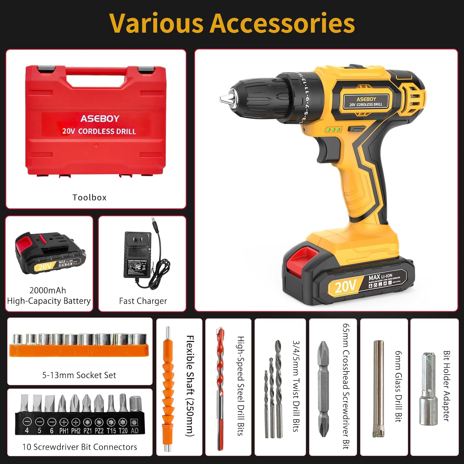 Aseboy Cordless Drill with Battery and Charger, 20V Electric Power Drill with 3/8" Keyless Chuck, 25+3 Torque Settings & Impact Mode for Drilling, Screwdriving, and Home Improvement(2 Batteries) - Image 6
